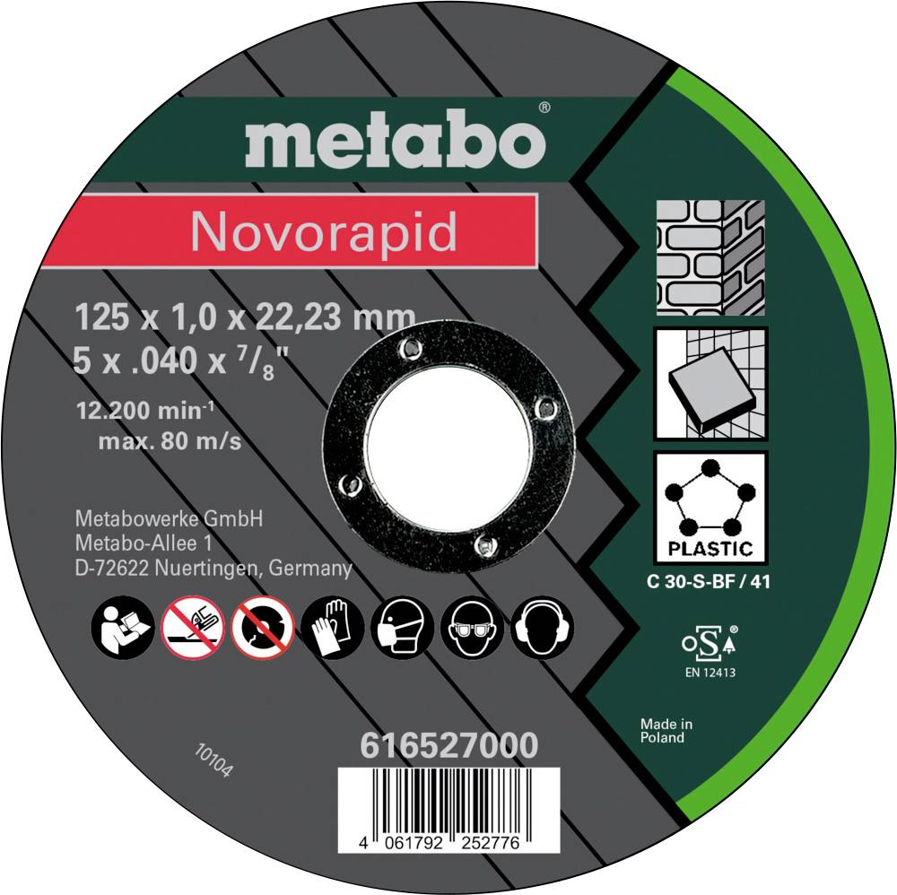 Metabo Novorapid Trennscheibe<br>125 x 1,0 x 22,23 mm<br>12.200 min⁻¹<br>max. 80 m/s<br>Hergestellt in Polen<br>Für Kunststoffschneiden