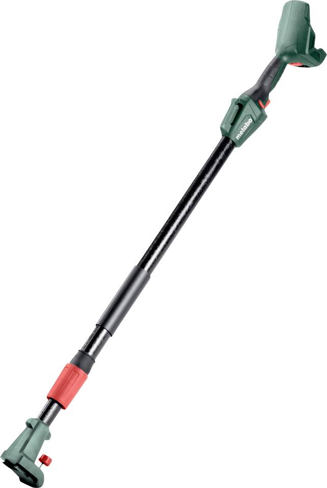 Ein grün-schwarzes Teleskop-Gartenwerkzeug mit verstellbarem Griff und Griffstück, das für das Erreichen hoher oder entfernter Bereiche zum Trimmen entwickelt wurde.