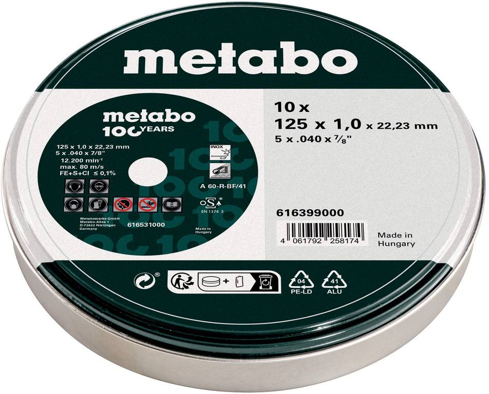 Runde Metabo 10er-Pack Schleiftrennscheiben in einer Metalldose, gekennzeichnet mit „10 x 125 x 1.0 x 22,23 mm