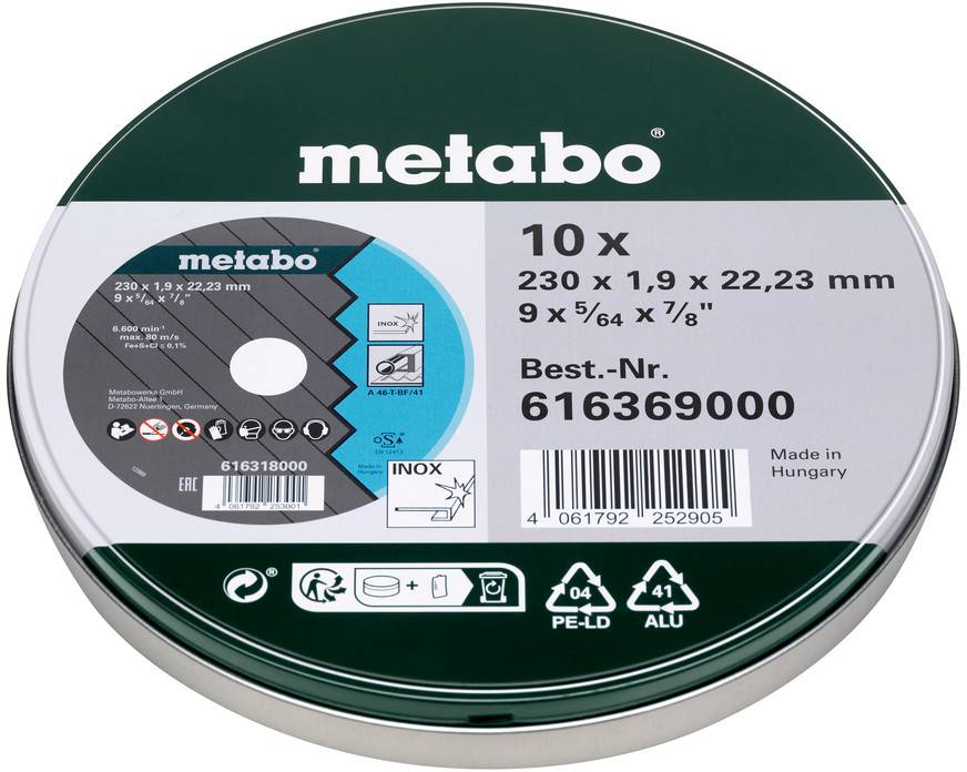 Metabo 10er-Pack Trennscheiben 230 x 1,9 x 22,23 mm, Best.-Nr. 61639000, für Edelstahl/Metall, in runder Aufbewahrungsbox.
