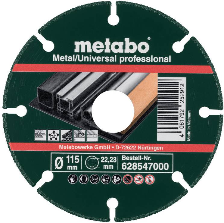 Eine runde Metabo-Sägeblatt für Metall/Holz mit der Bezeichnung „Metall/Universal professional