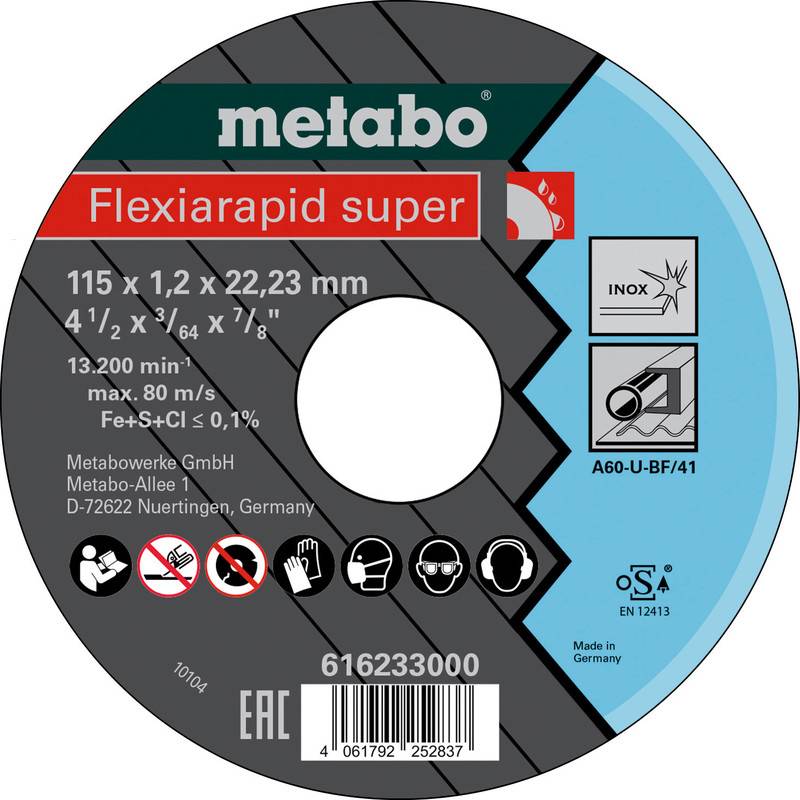 'Metabo Flexiarapid super' Scheibenetikett mit Spezifikationen: 115 x 1,2 x 22,23 mm, 13.300 U/min, max 80 m/s, made in Germany, für Edelstahl.