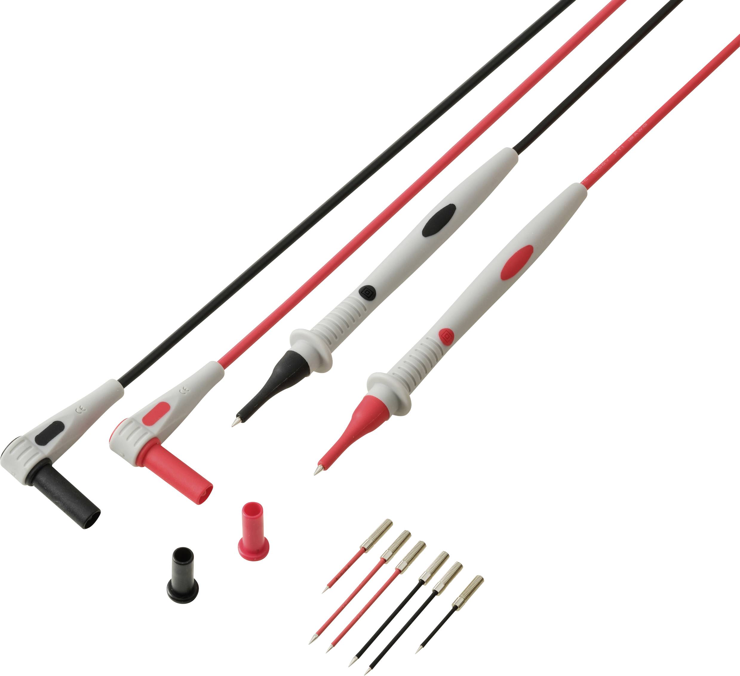 Multimeter-Messleitungs-Set mit roten und schwarzen Prüfspitzen, austauschbaren Spitzen und Schutzabdeckungen.