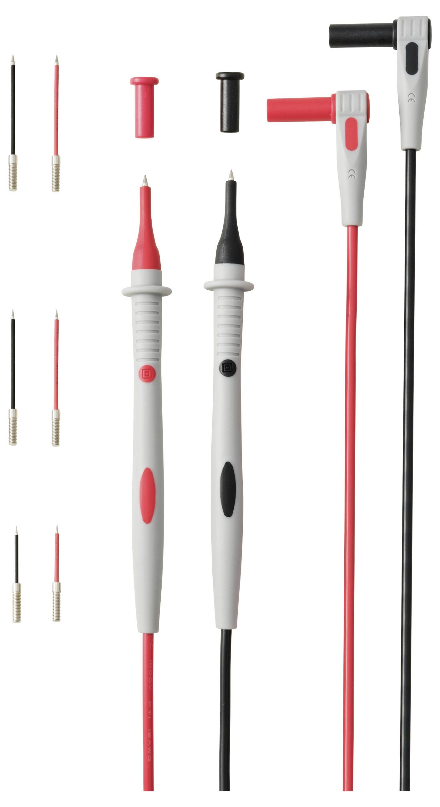 Zwei Multimeter-Messleitungen mit roten und schwarzen Kabeln, umgeben von mehreren austauschbaren Messspitzen und Steckverbindern.