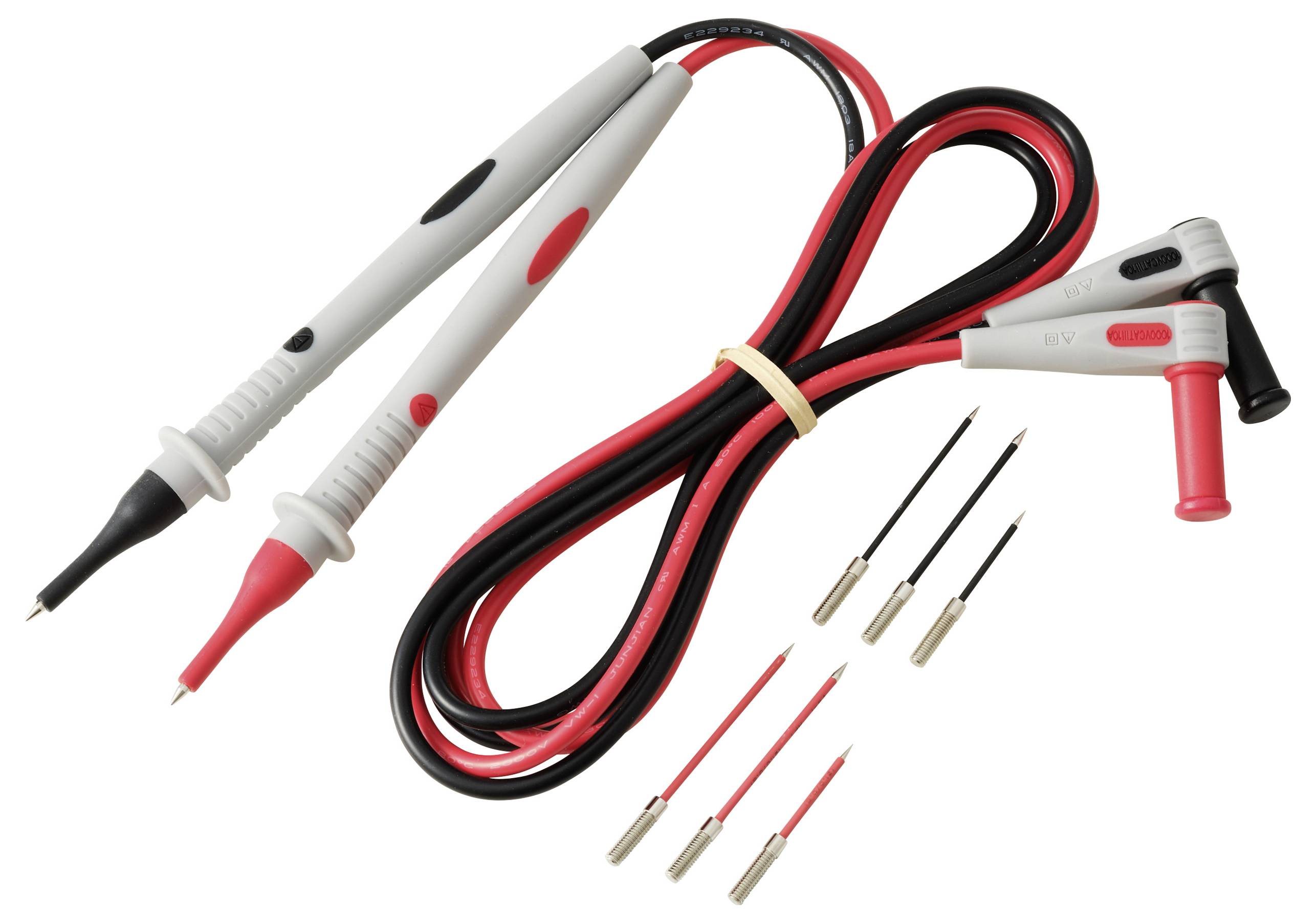 Rote und schwarze Multimeter-Messleitungen mit austauschbaren Sondenspitzen und Krokodilklemmen, verwendet für elektrische Messungen und Tests.