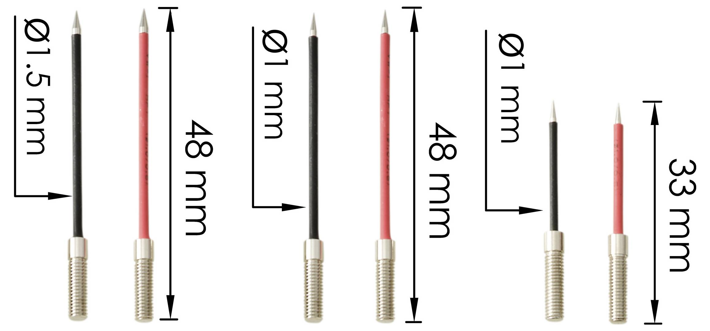 Drei Sätze elektrischer Sonden mit unterschiedlichen Längen und Drahtdicken: zwei 48mm mit 1mm und 1,5mm sowie eine 33mm mit 1mm.
