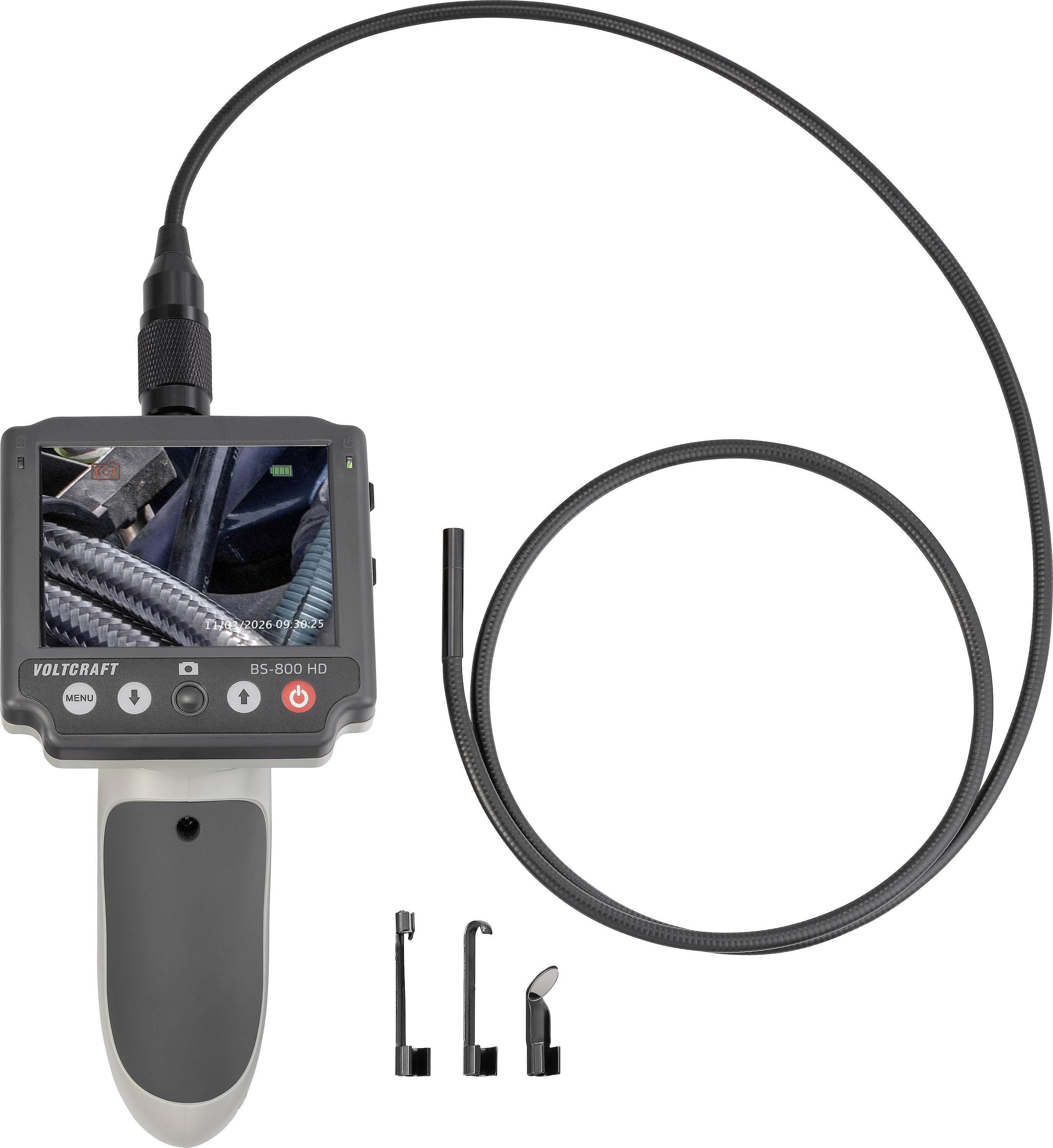Tragbares Borescope-Inspektionskamerasystem mit Display und angeschlossenem flexiblem Kabel, dargestellt mit drei austauschbaren Sondeneinsätzen.