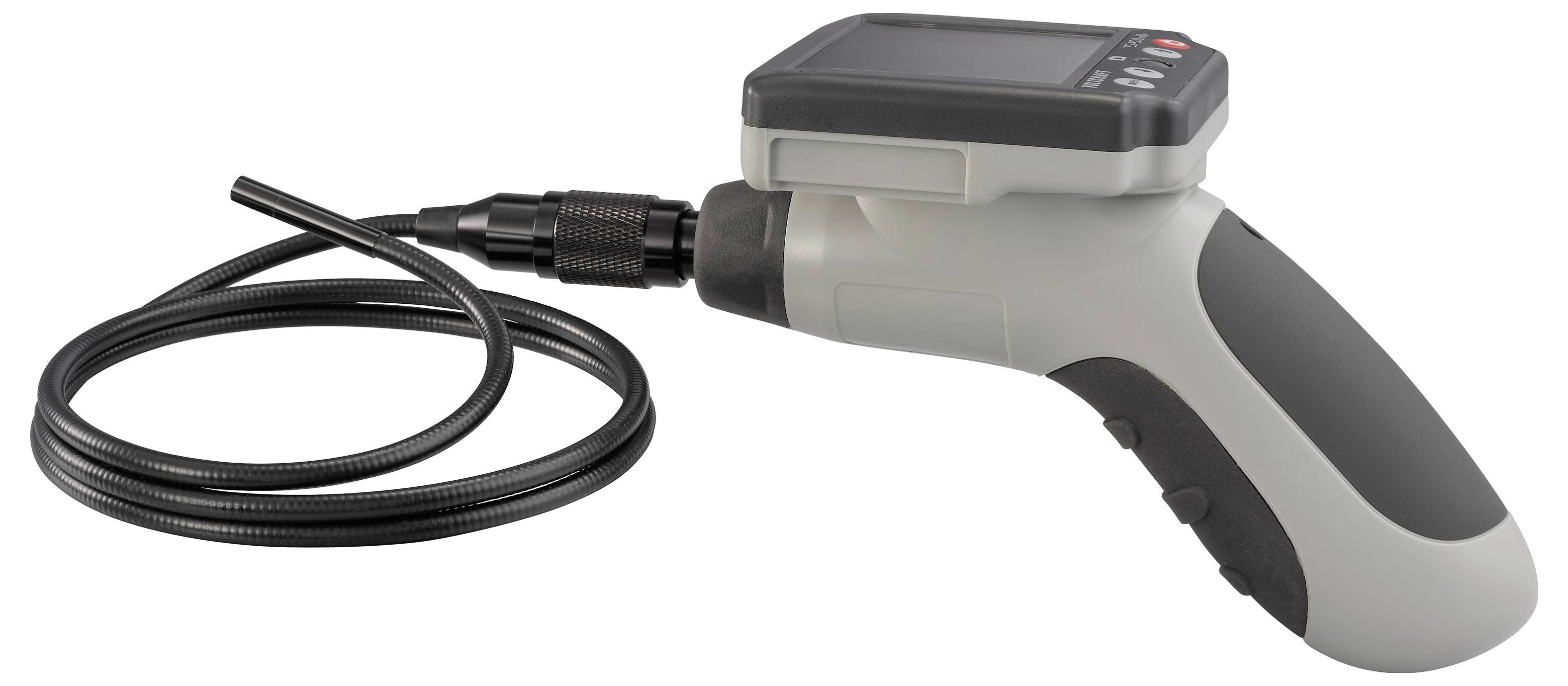 Tragbare Borescope-Inspektionskamera mit flexibler Sonde und integriertem Bildschirm, gezeigt auf weißem Hintergrund.