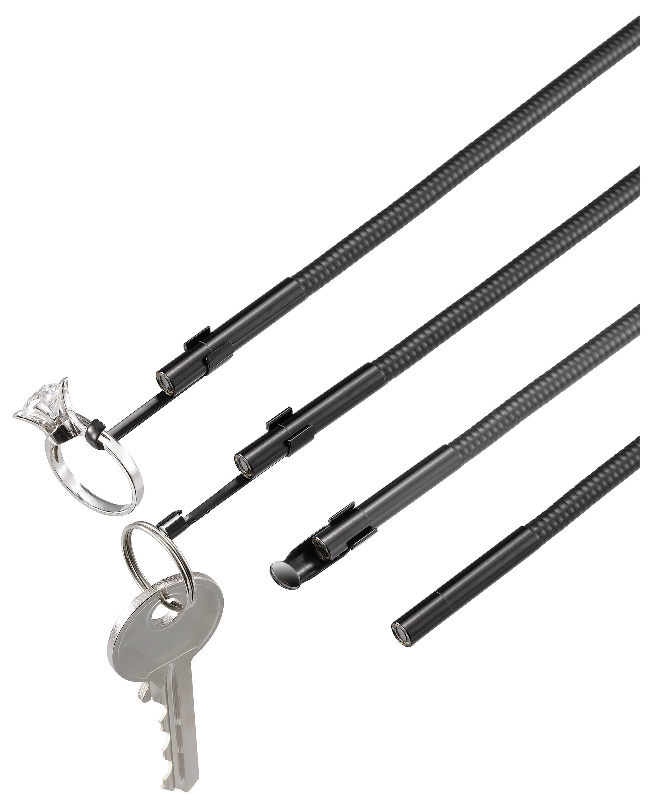 Mehrere schwarze aufgerollte Sicherheitskabel für Schlüssel mit Schlaufenenden und Metallanschlüssen, dargestellt mit an einem Kabel befestigten Schlüsseln.