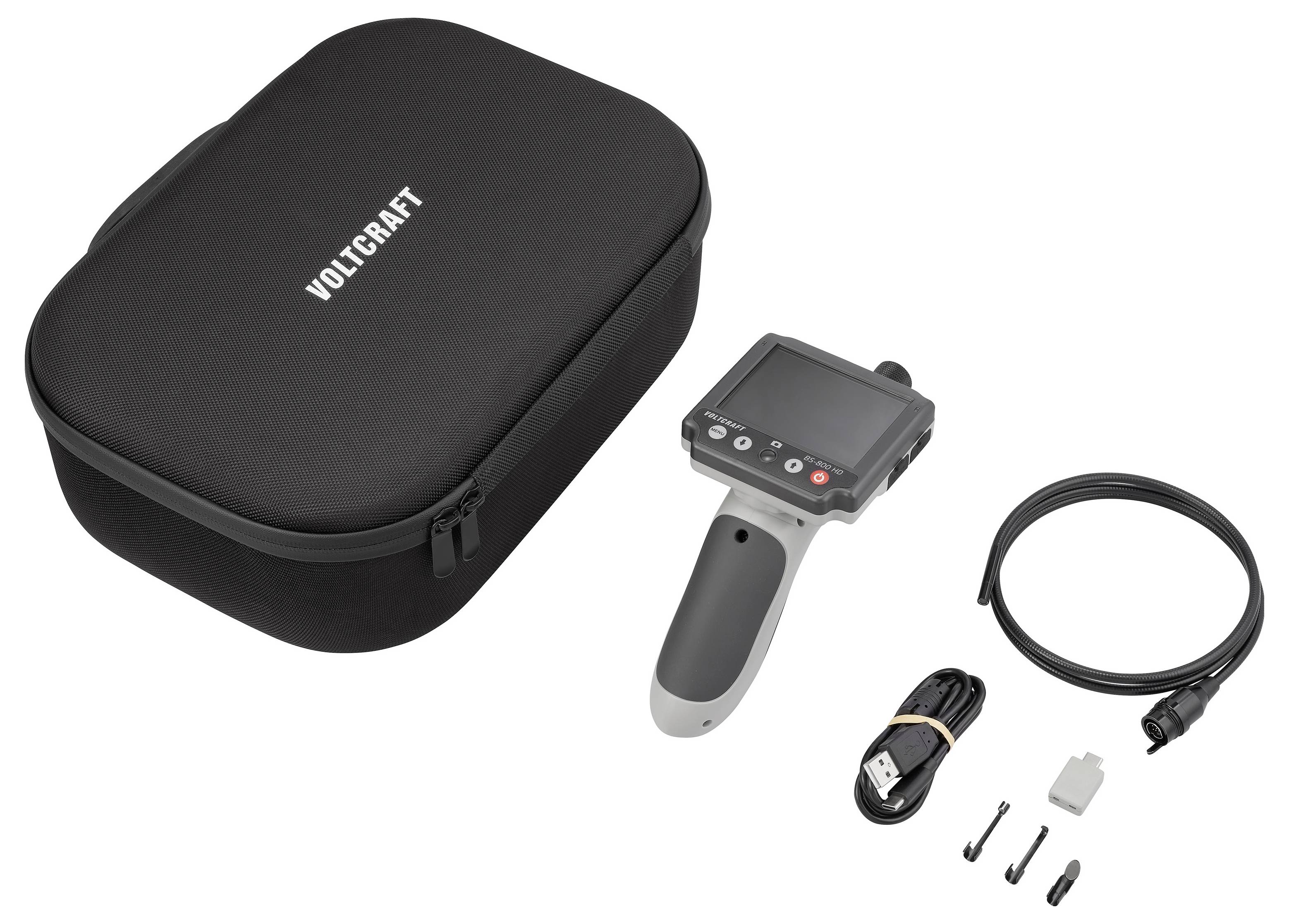 Voltcraft tragbare Inspektionskamerakits mit Tragetasche, Display-Sonde, Kabel, USB-Leitung und kleinem Zubehör auf weißem Hintergrund.