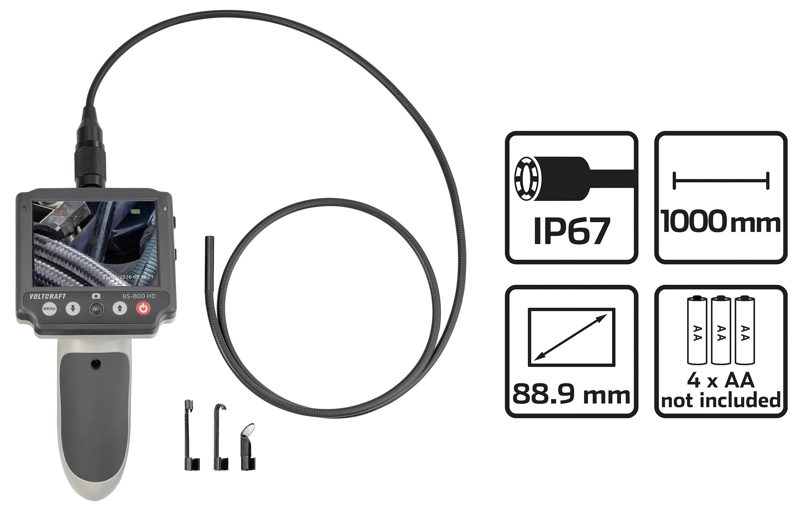 Endoskop-Inspektionskamera mit tragbarem Bildschirm, langem flexiblem Kabel, Sondeneinsätzen und Symbolen mit IP67-Schutzart, 1000 mm Länge, 88,9 mm Sichtfeld und 4 AA-Batterien nicht im Lieferumfang enthalten.