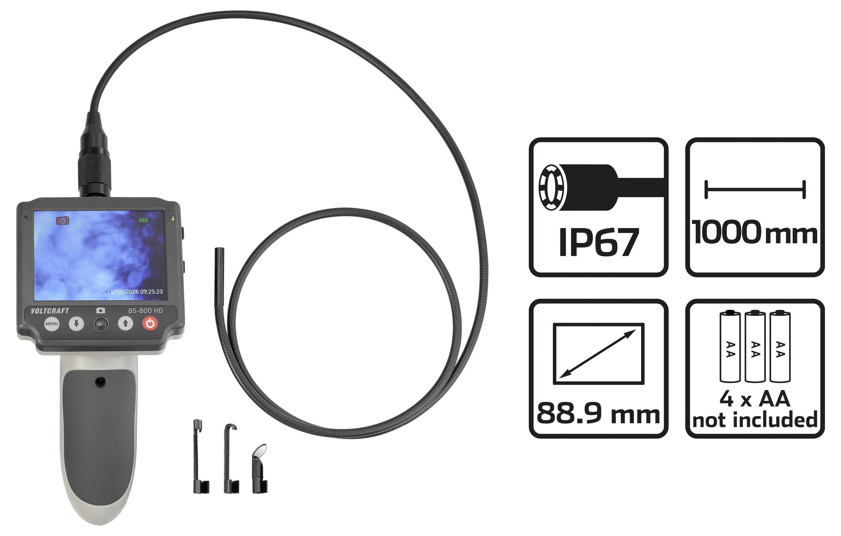 Endoskop-Inspektionskamera mit tragbarem Bildschirm, langem flexiblem Kabel, Sondeneinsätzen und Symbolen mit IP67-Schutzart, 1000 mm Länge, 88,9 mm Sichtfeld und 4 AA-Batterien nicht im Lieferumfang enthalten.