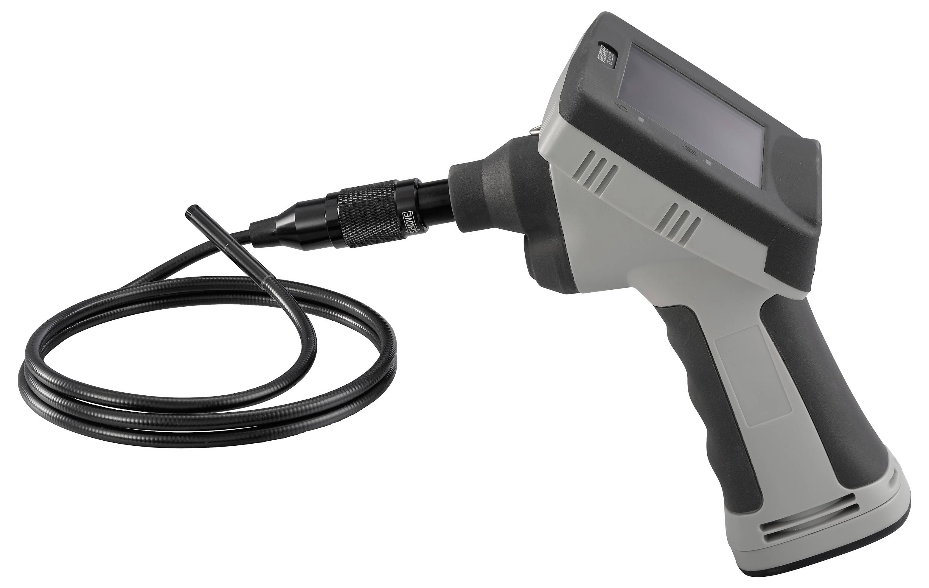 Tragbare Inspektionskamera mit flexiblem Kabel und Sonde, auf weißem Hintergrund dargestellt.