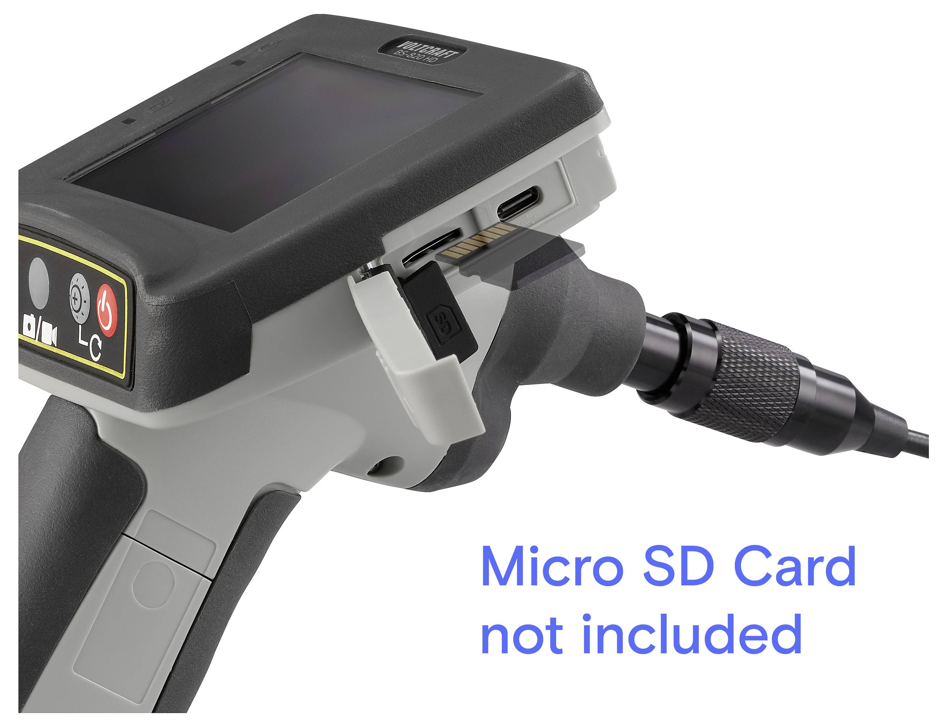 Tragbares Inspektionskameragerät mit offenen Micro-SD-Kartensteckplatz; der Text auf dem Bildschirm lautet „Micro-SD-Karte nicht enthalten