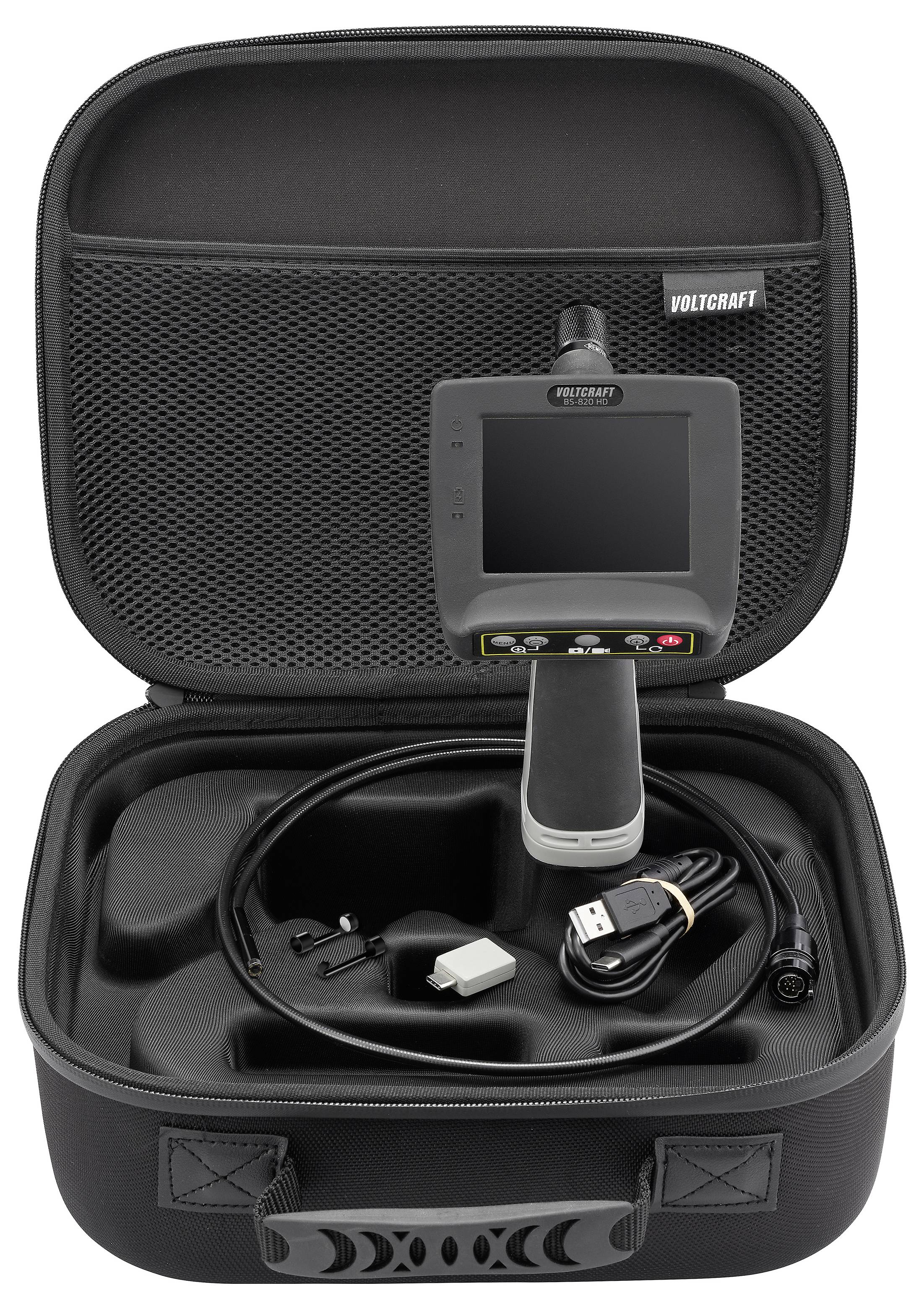 Inspektionskamera von Voltcraft mit Bildschirm in offener Transporttasche, Sonde, USB-Kabel und Zubehör.