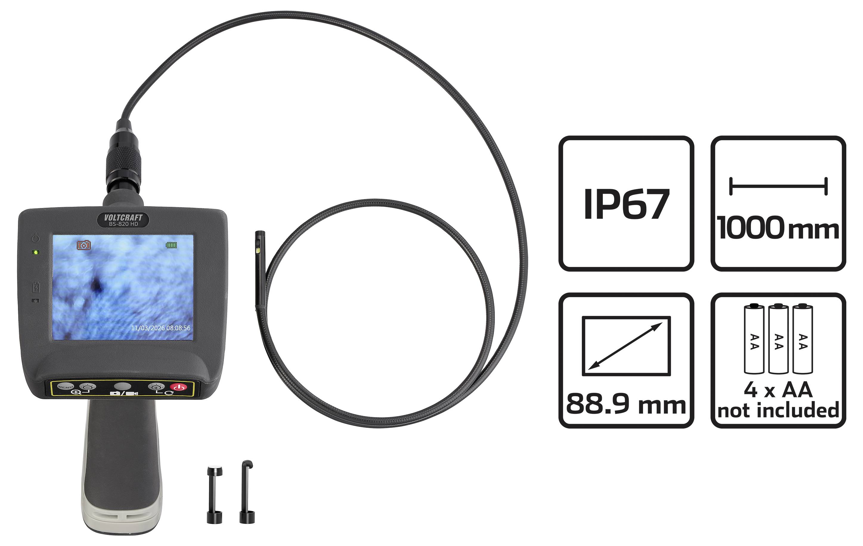 Tragbare Inspektionskamera mit tragbarem Display und flexibler Sonde; IP67 wasserdicht, 1000 mm Kabel, 88,9 mm Durchmesser, benötigt 4 AA-Batterien (nicht enthalten).