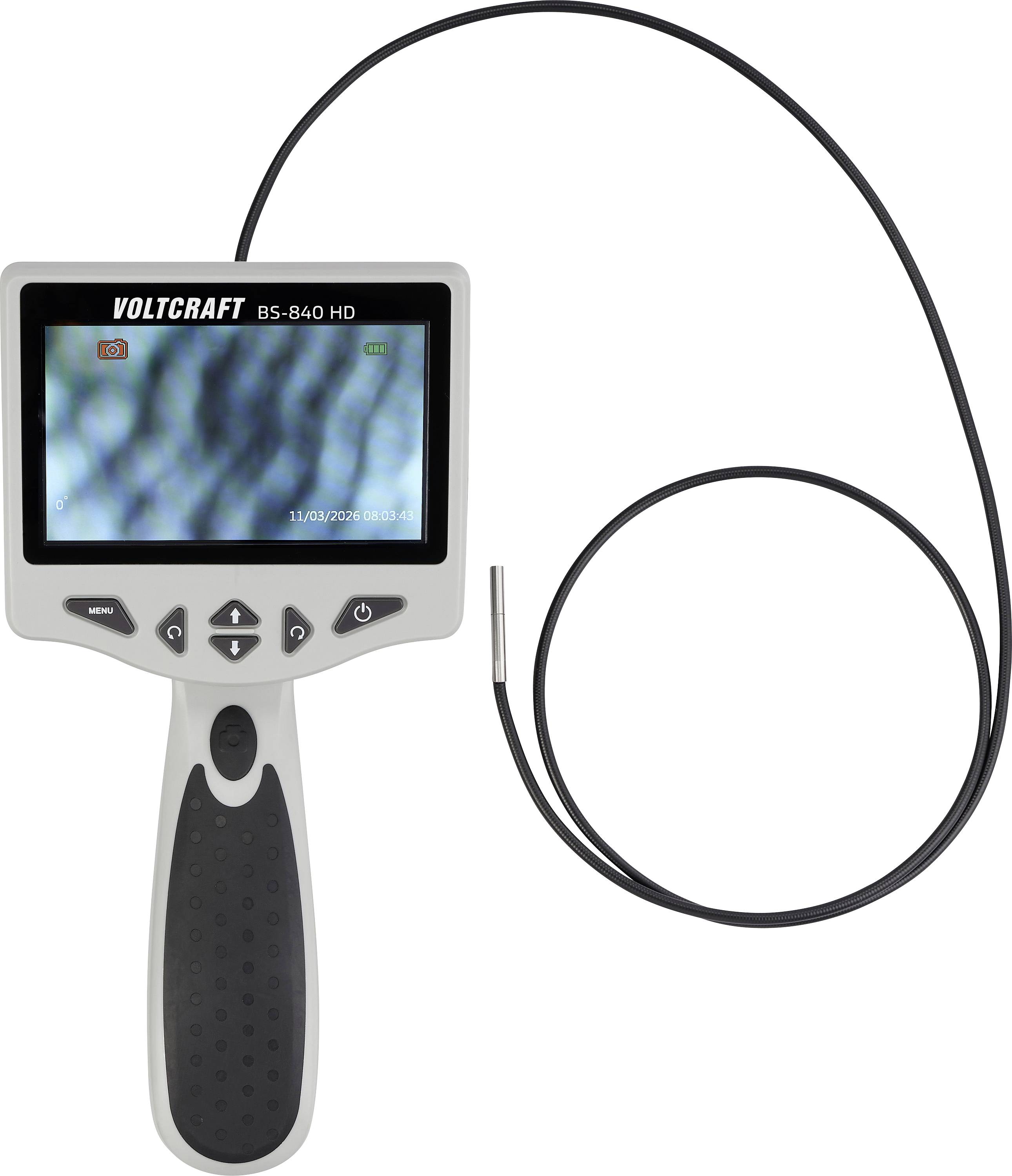 Tragbares VOLTCRAFT BS-840 HD Endoskop mit Bildschirm und flexiblem Inspektionskamerakabel, das daneben aufgerollt liegt.