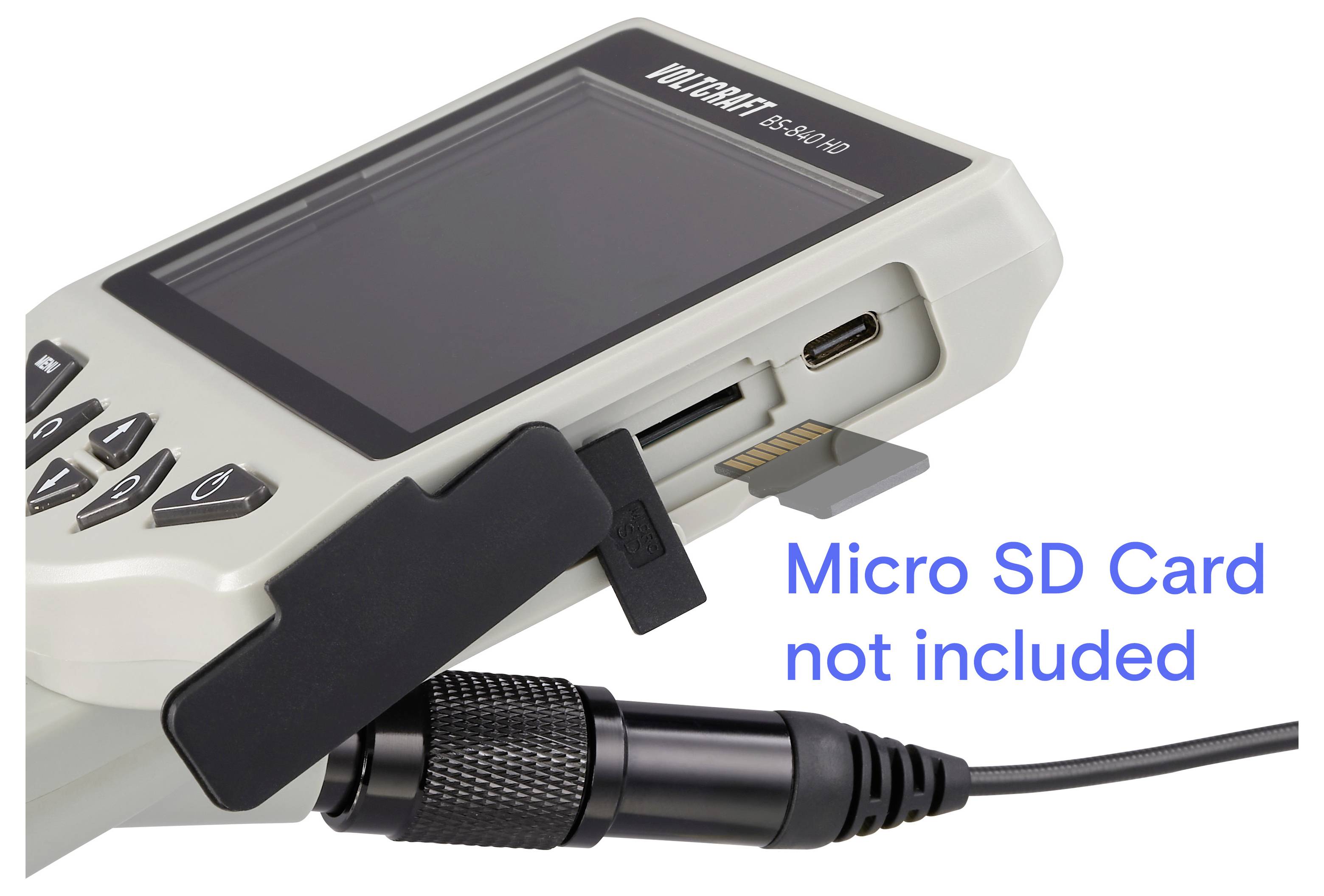 Tragbares Gerät mit Micro-SD-Kartensteckplatz und angeschlossenem Kabel, beschriftet mit „Micro-SD-Karte nicht enthalten