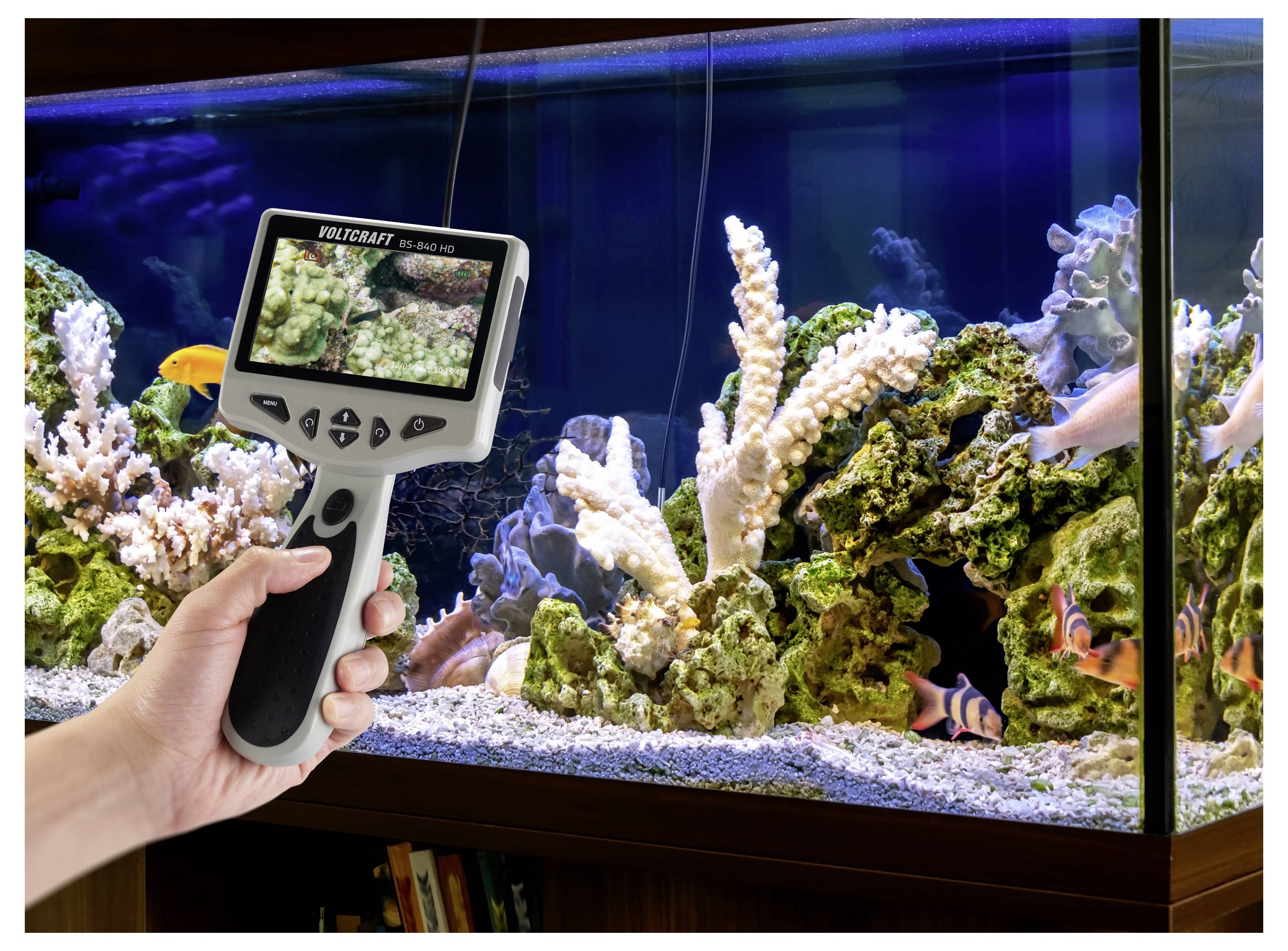 Tragbare digitale Kamera oder Unterwasserbetrachter, der auf ein Korallenriff-Aquarium gerichtet ist und Fische und Korallen in einem Glastank zeigt.