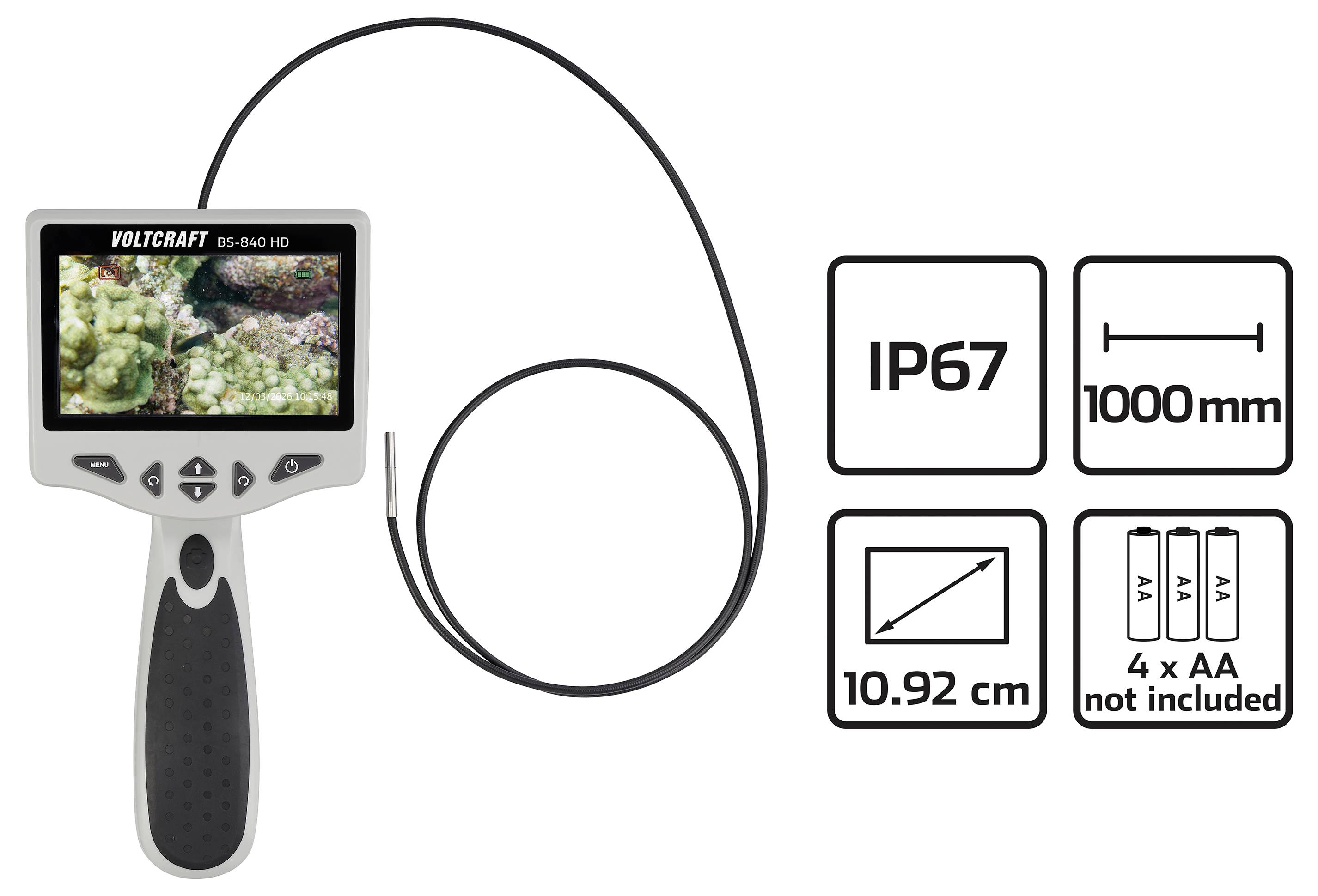 Tragbare Endoskopkamera mit langem Kabel; Symbole zeigen IP67-Schutzart, 1000 mm Länge, 10,92 cm Display und 4 AA-Batterien nicht im Lieferumfang enthalten.
