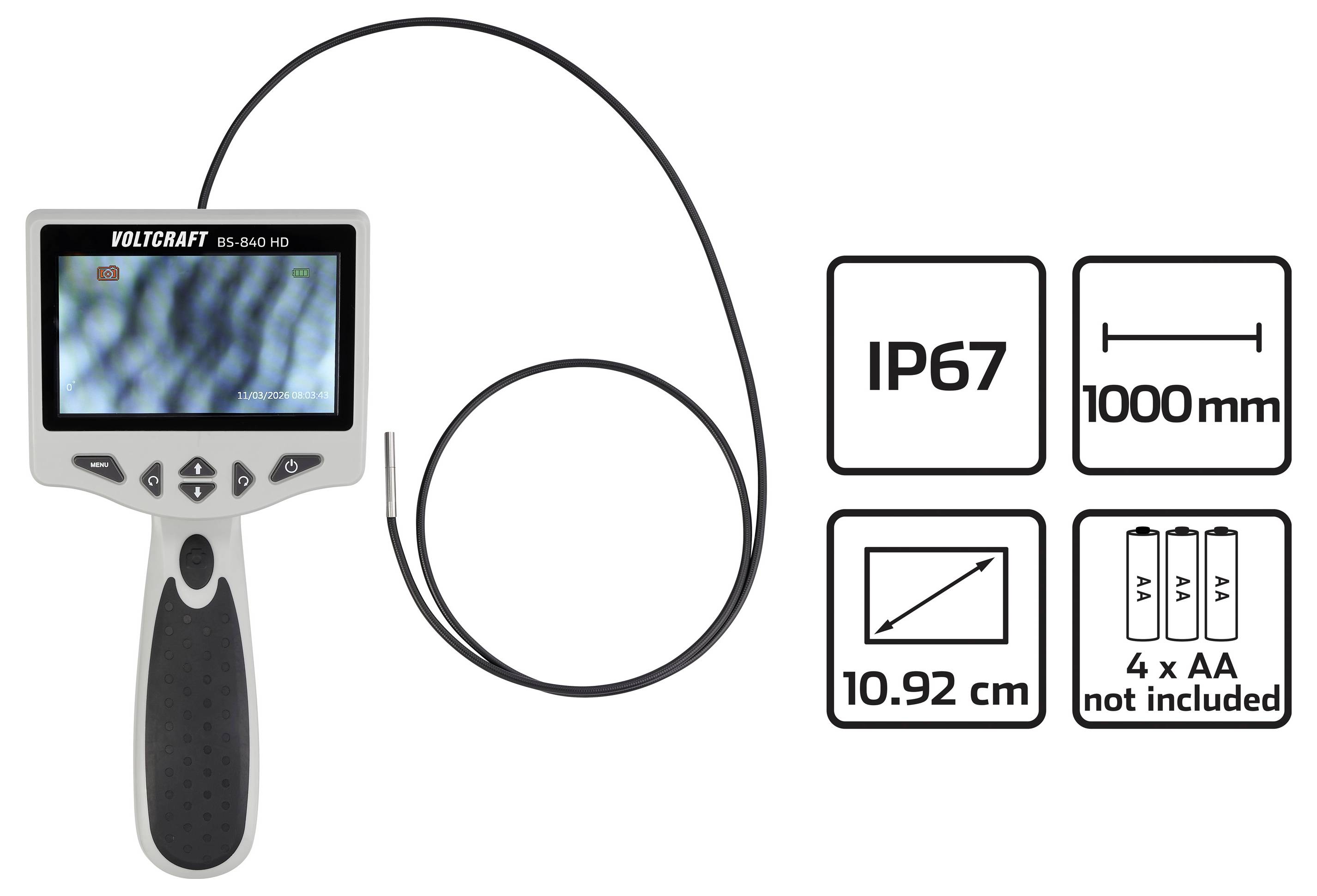 Tragbare Endoskopkamera mit langem Kabel; Symbole zeigen IP67-Schutzart, 1000 mm Länge, 10,92 cm Display und 4 AA-Batterien nicht im Lieferumfang enthalten.