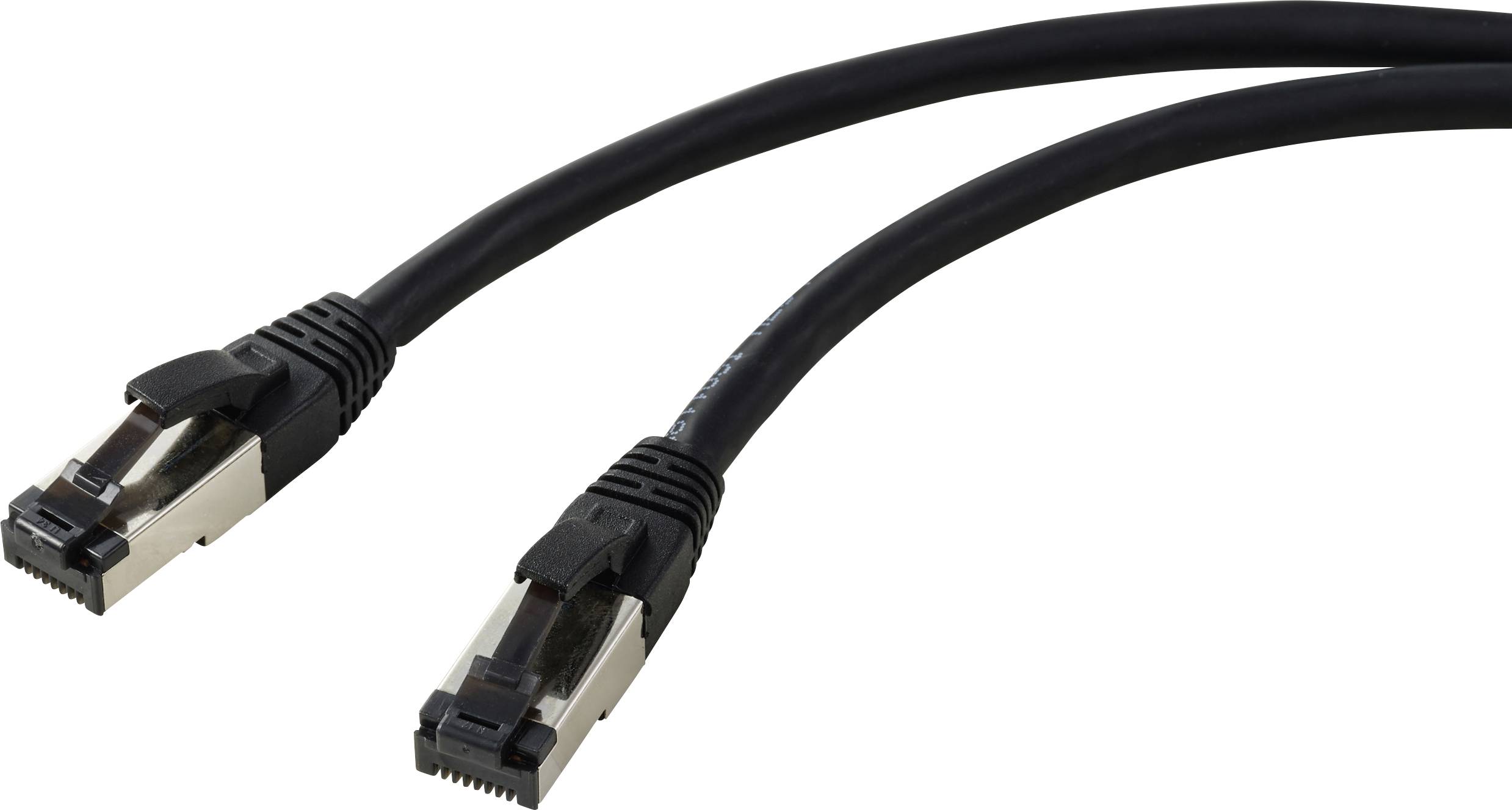 Zwei schwarze Ethernet-Kabel mit Metallsteckern, die für Netzwerk- und Internetverbindungen verwendet werden.
