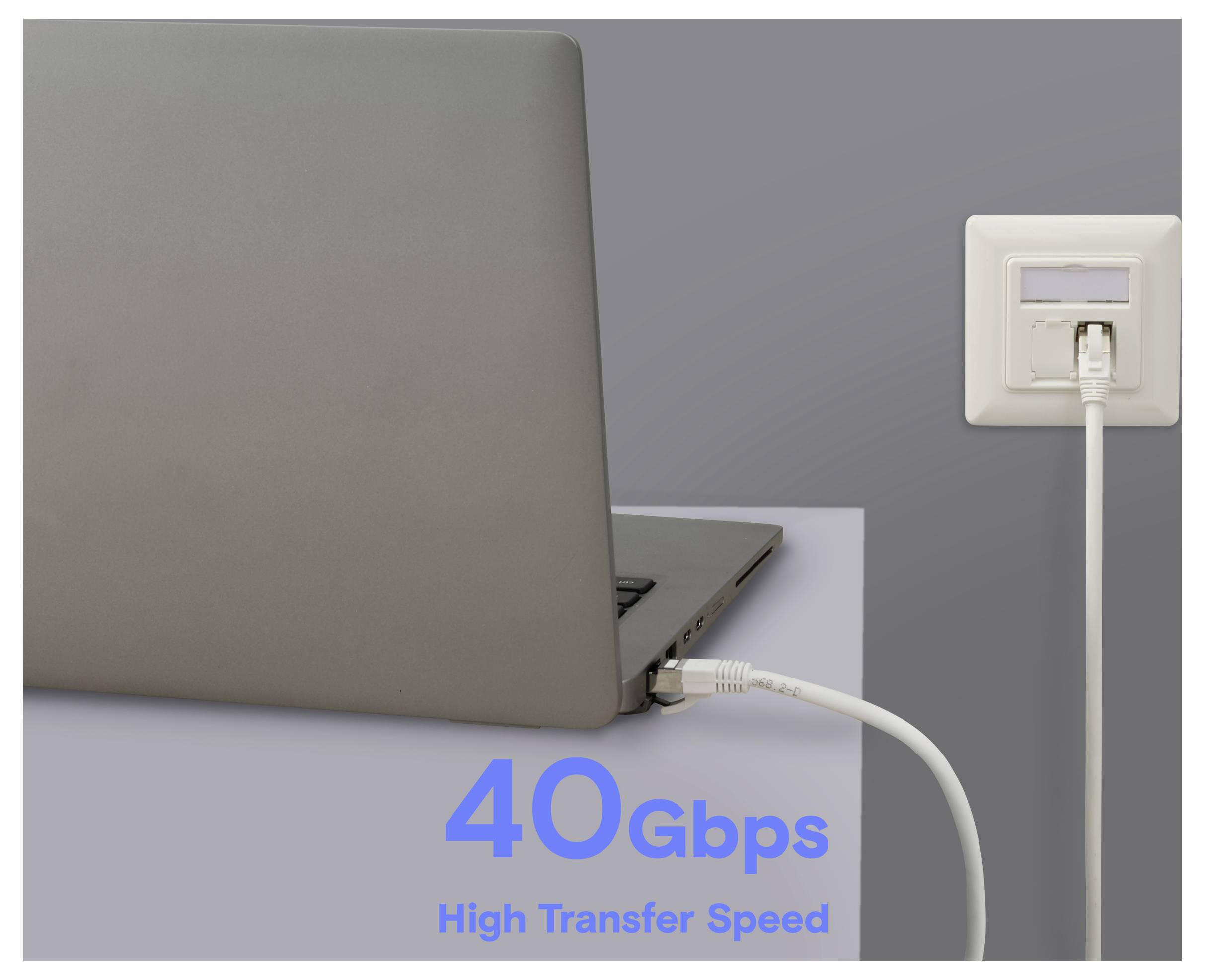 Ein Laptop, der über ein Kabel mit einer Steckdose verbunden ist; blauer Text darunter lautet „40 Gbps Hochgeschwindigkeitsübertragung