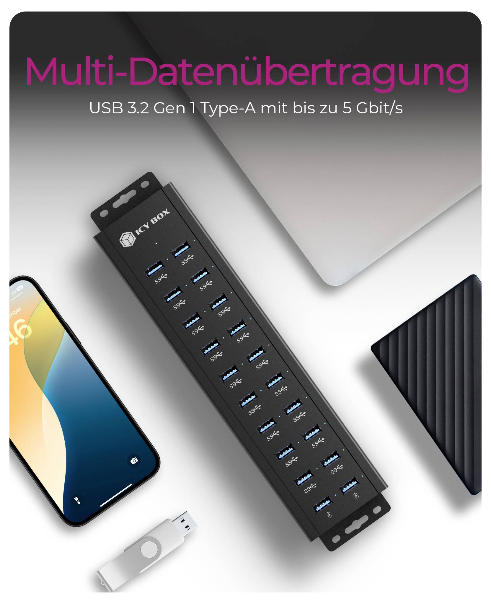 Ein 'Multi-Datenübertragung' USB-Hub für USB 3.2 Gen 1 Typ-A bis zu 5 Gbit/s, dargestellt mit einem Smartphone, einer Festplatte und einem USB-Laufwerk.