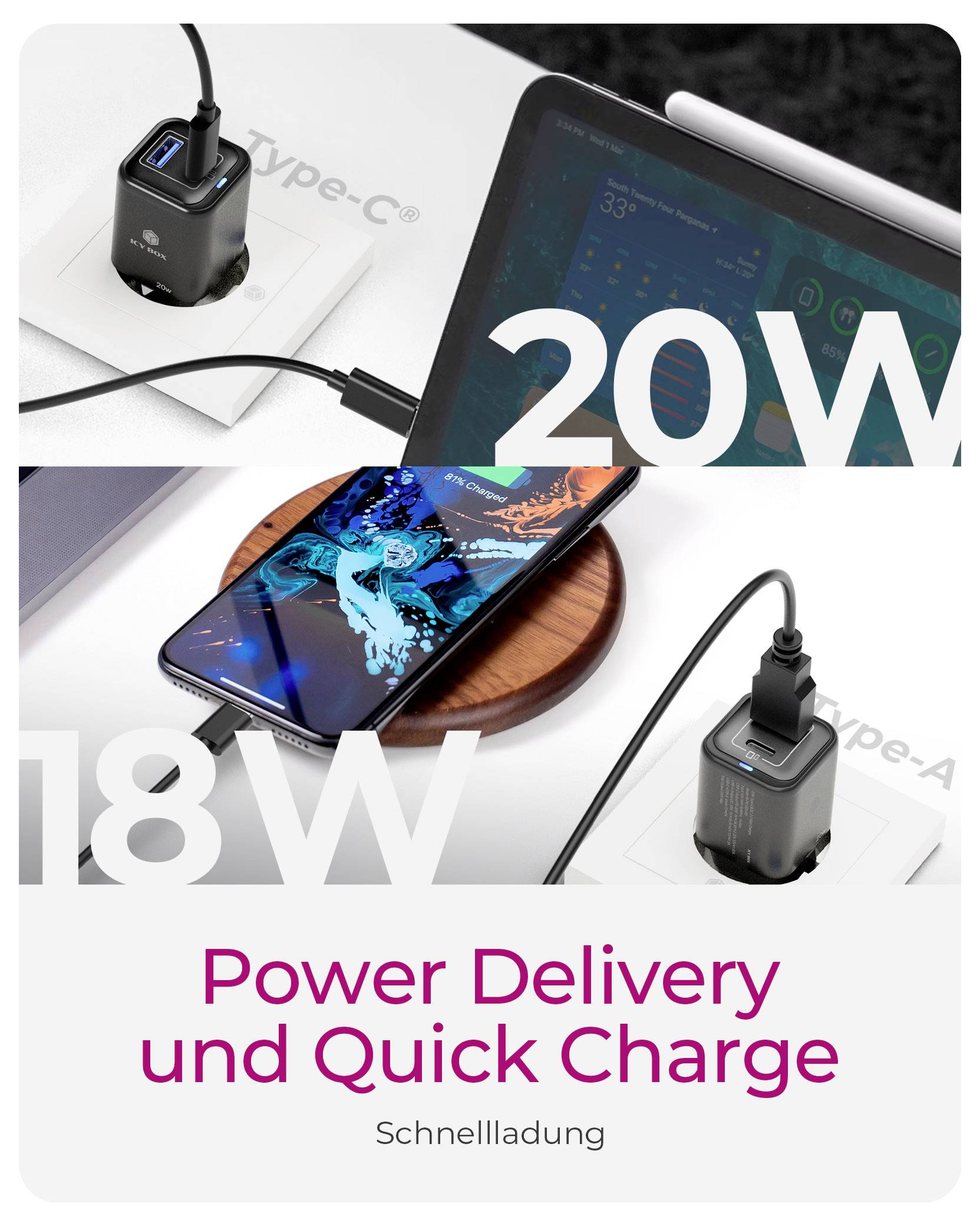 ICY BOX Wandladegerät mit 20W USB-C® Adapter 20W Schwarz