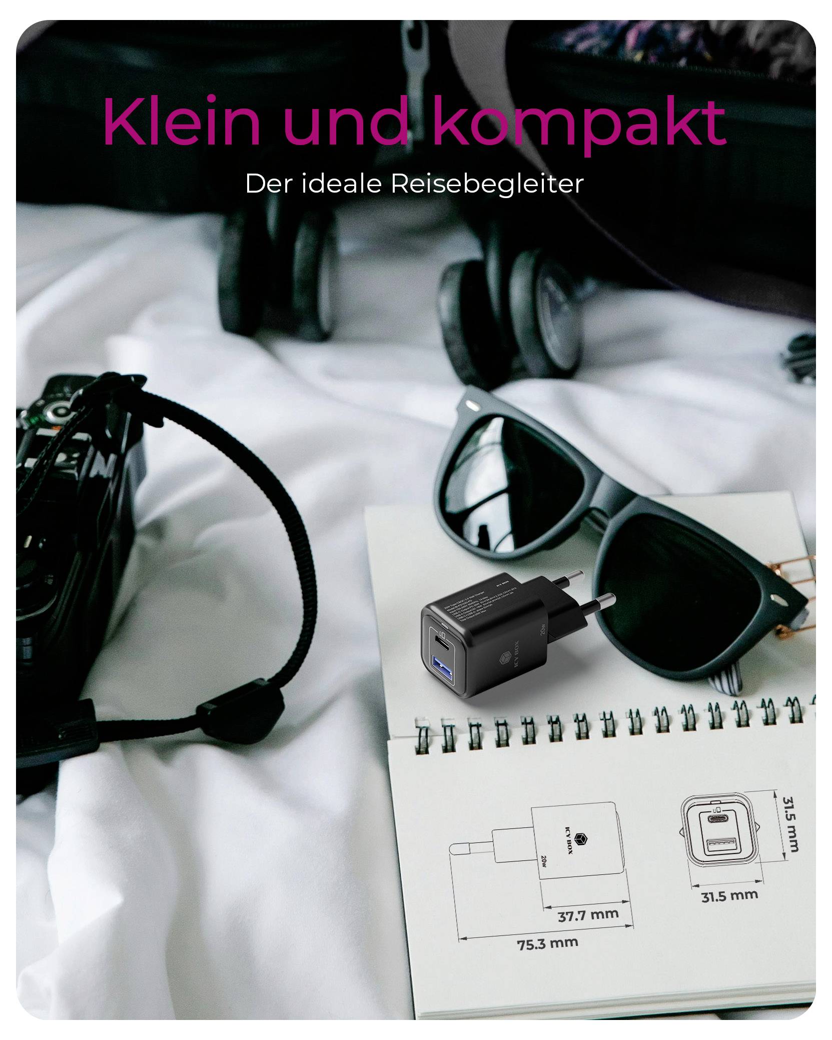 ICY BOX Wandladegerät mit 20W USB-C® Adapter 20W Schwarz