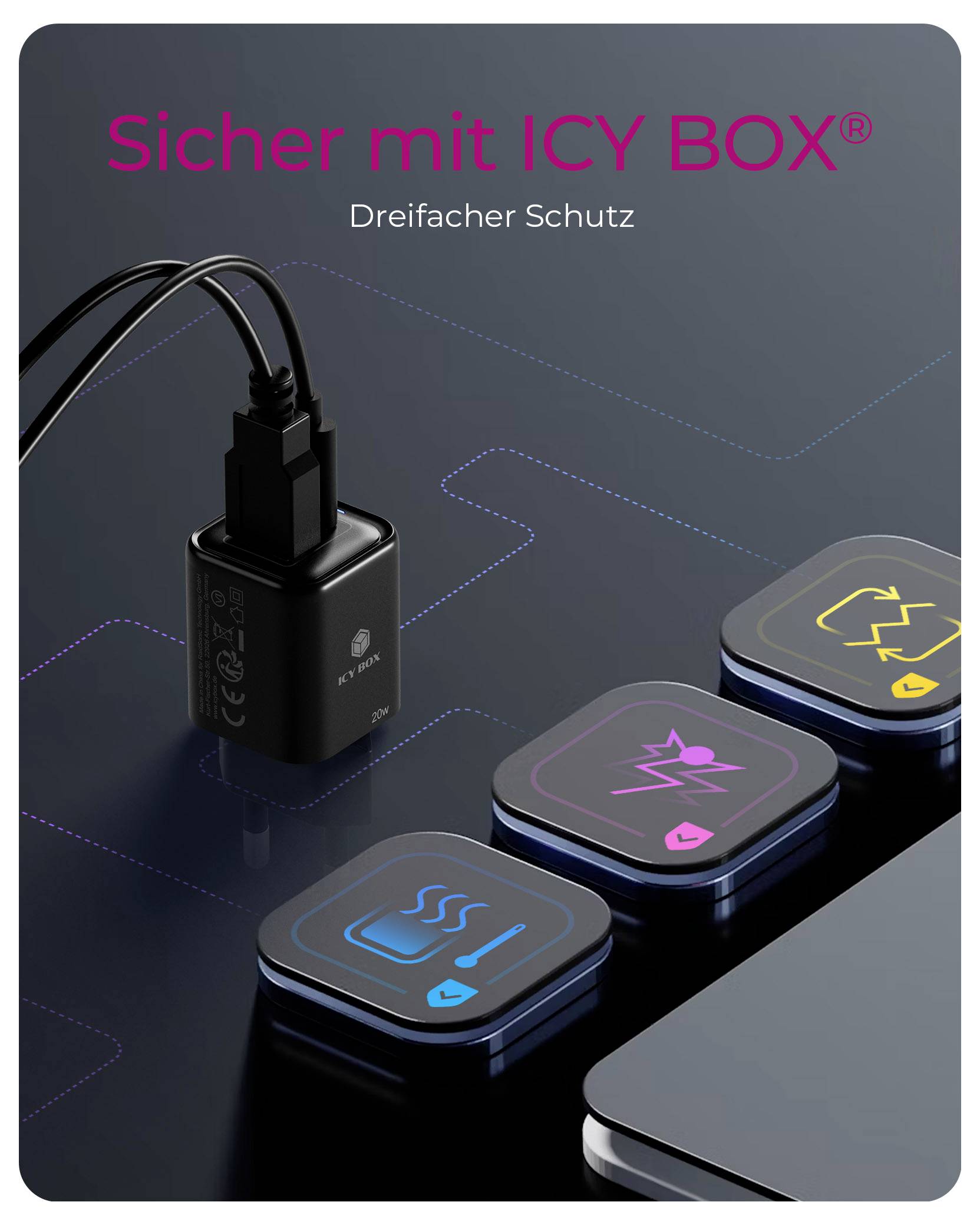 ICY BOX Wandladegerät mit 20W USB-C® Adapter 20W Schwarz