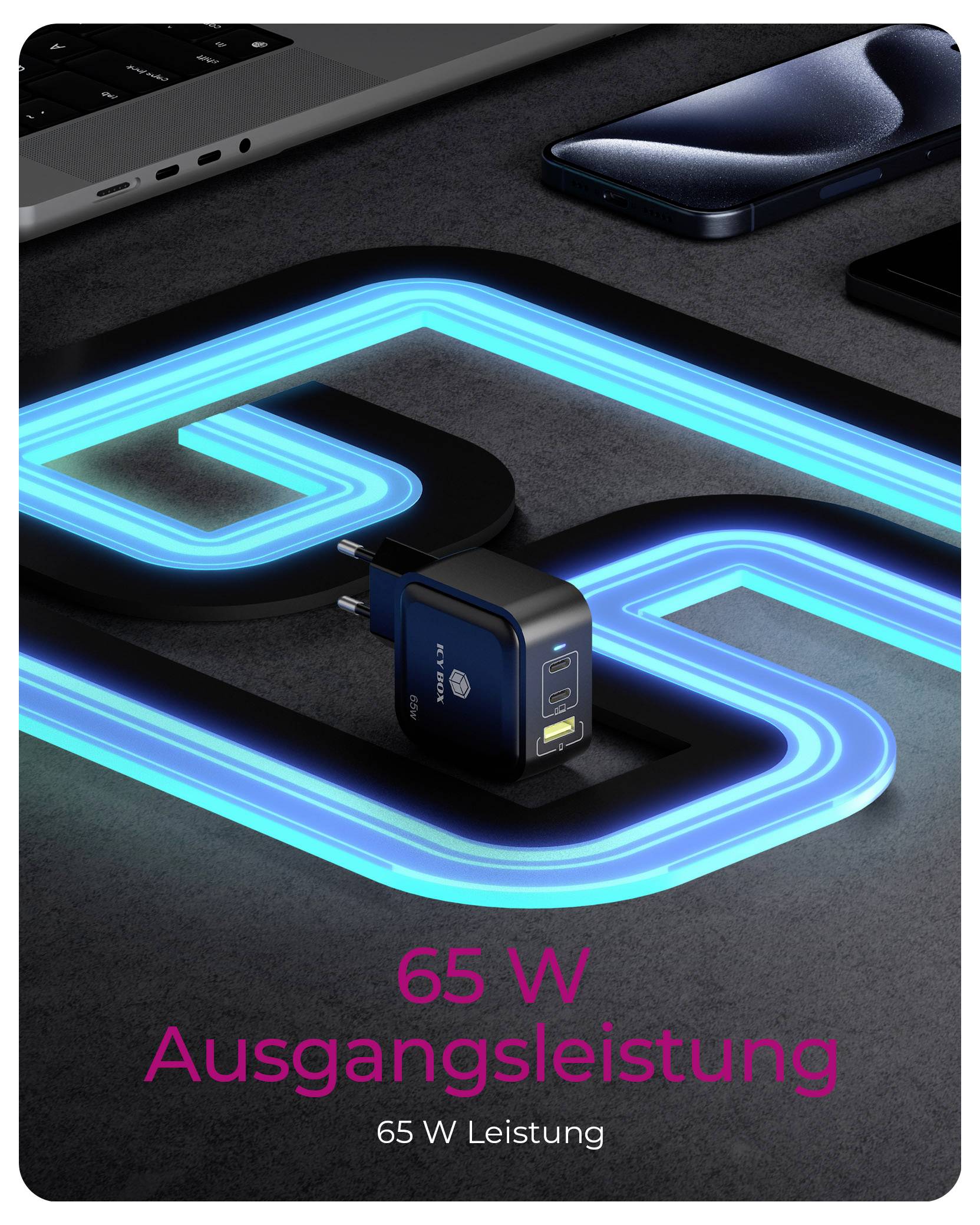 ICY BOX GaN Wandladegerät USB-C® Adapter 65 W Schwarz