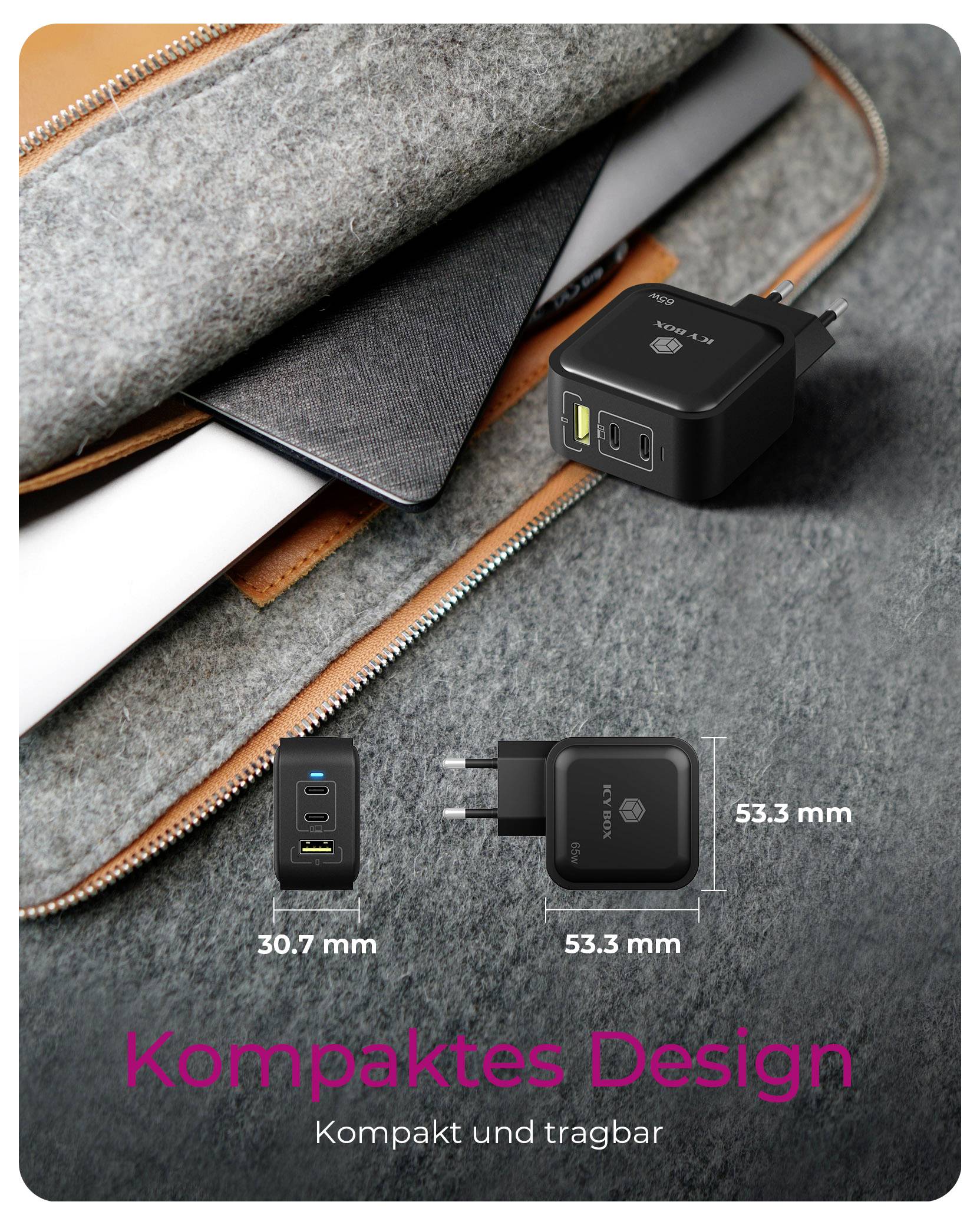 ICY BOX GaN Wandladegerät USB-C® Adapter 65W Schwarz