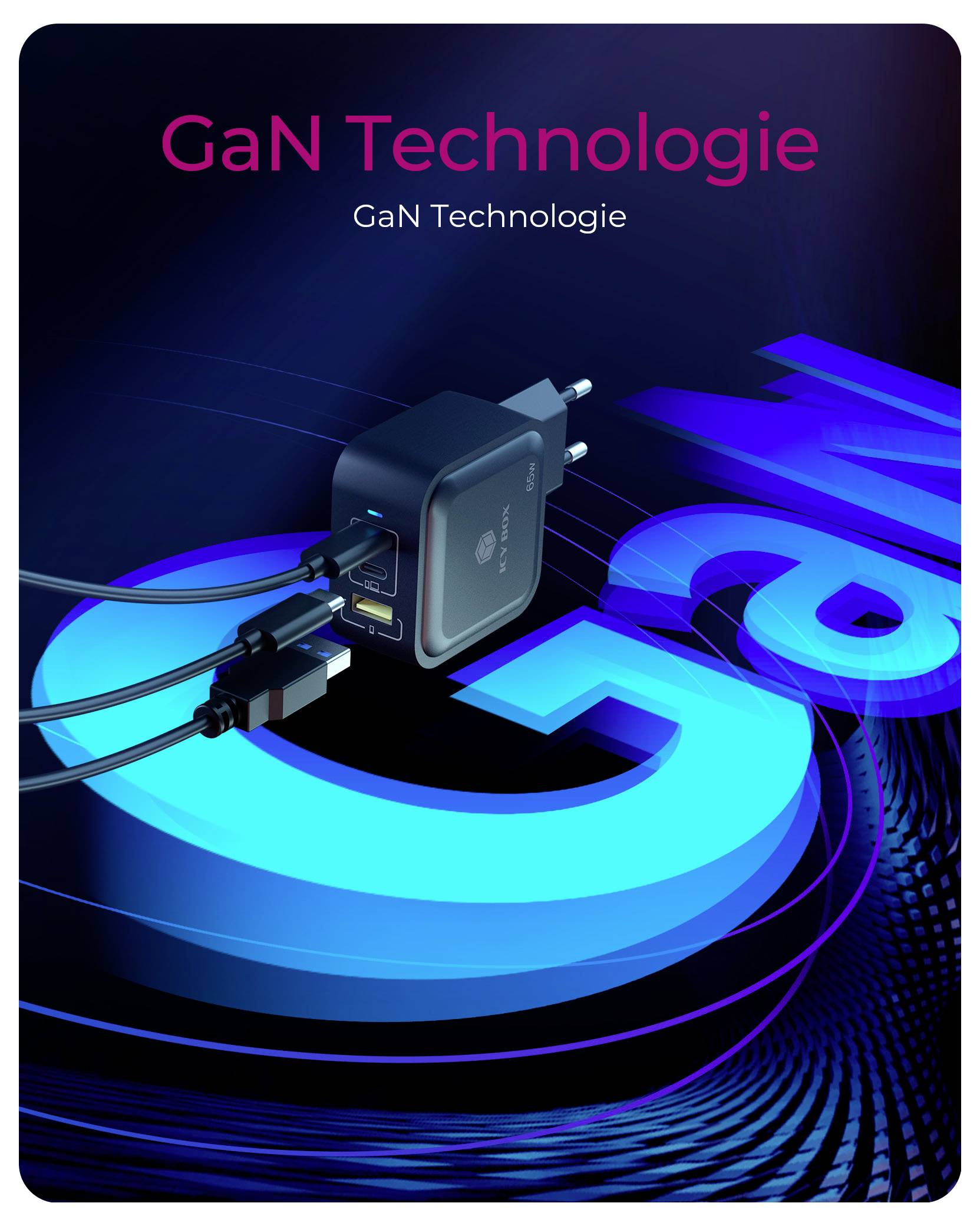 ICY BOX GaN Wandladegerät USB-C® Adapter 65W Schwarz