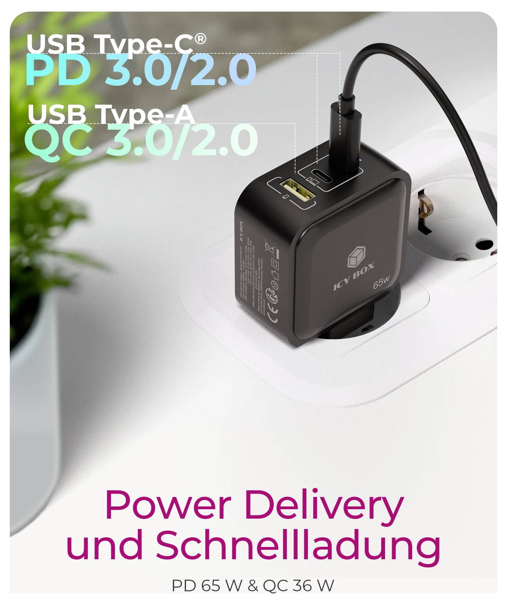 ICY BOX GaN Wandladegerät USB-C® Adapter 65 W Schwarz