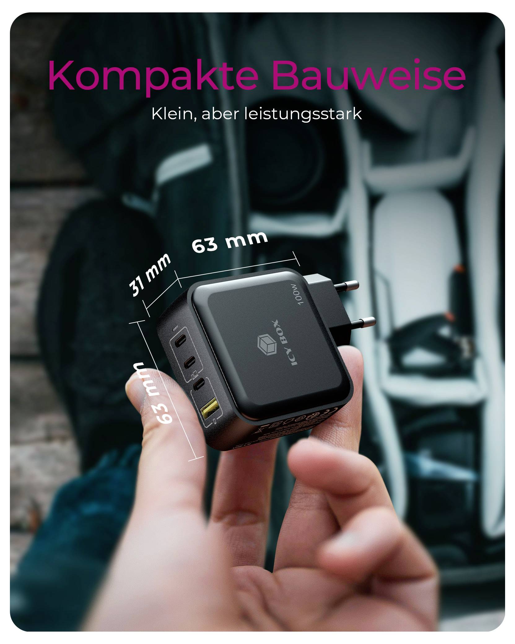 ICY BOX GaN Wandladegerät USB-C® Adapter 100 W Schwarz