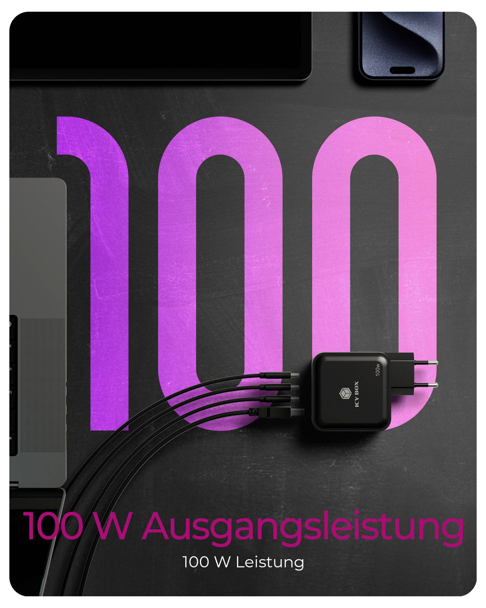 ICY BOX GaN Wandladegerät USB-C® Adapter 100 W Schwarz