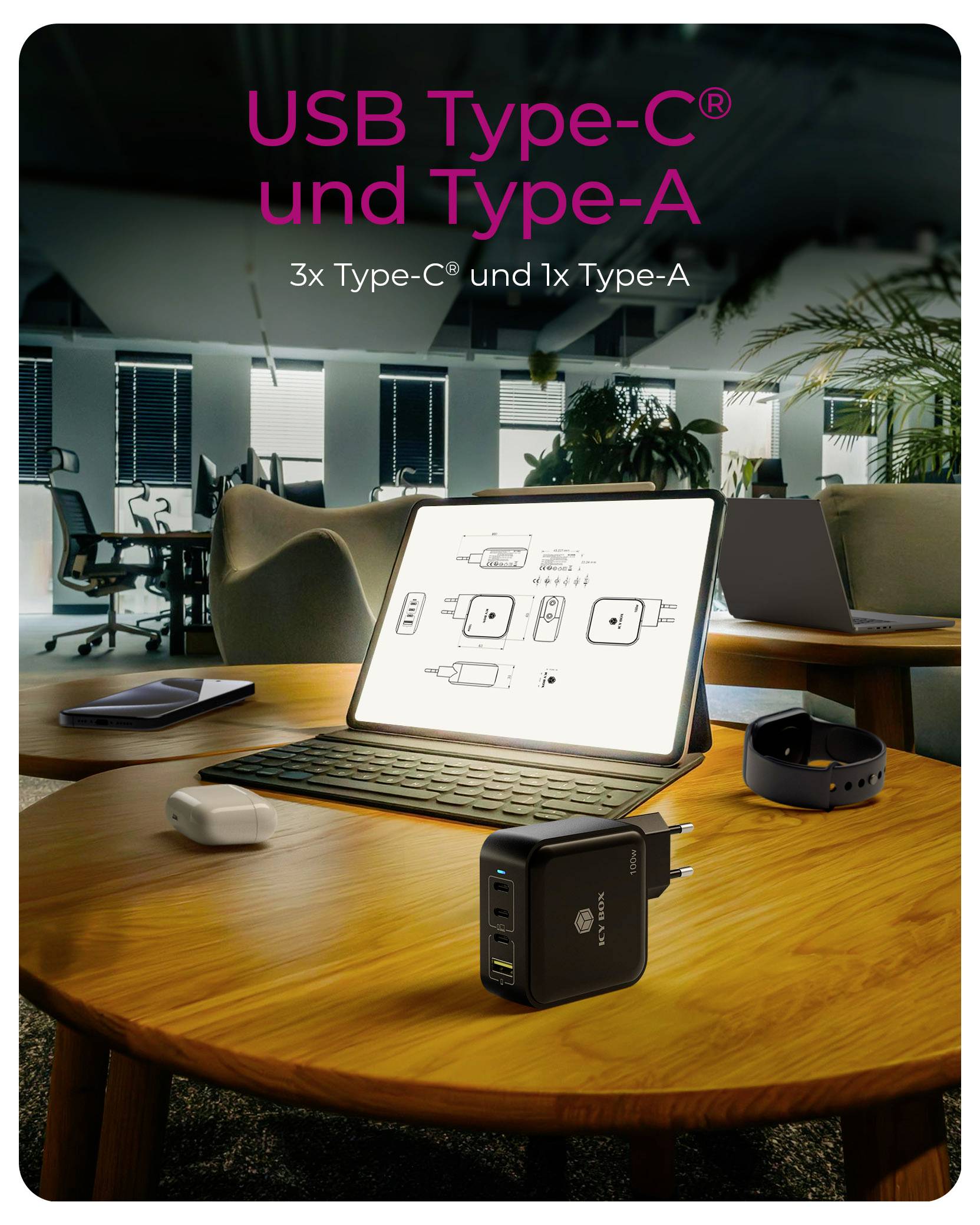 ICY BOX GaN Wandladegerät USB-C® Adapter 100W Schwarz