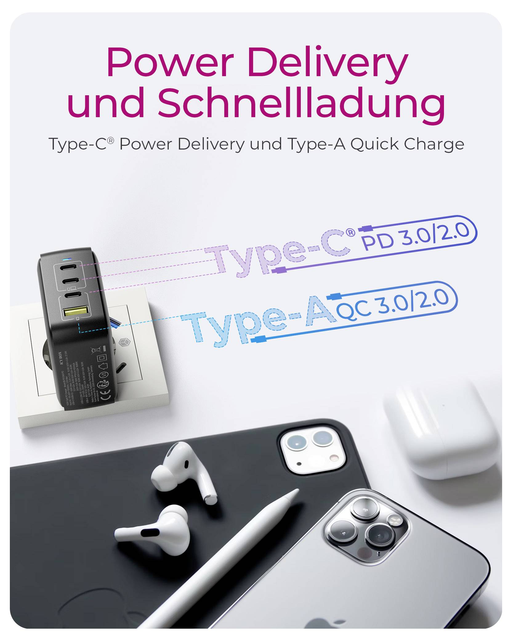 ICY BOX GaN Wandladegerät USB-C® Adapter 100W Schwarz