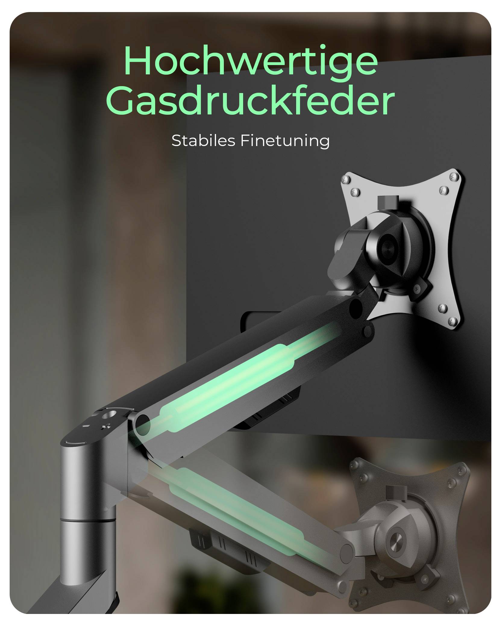Ein Monitorarm mit einer Gasdruckfeder und gelenkigem Halter, an einer Wand montiert. Deutscher Text liest sich: 