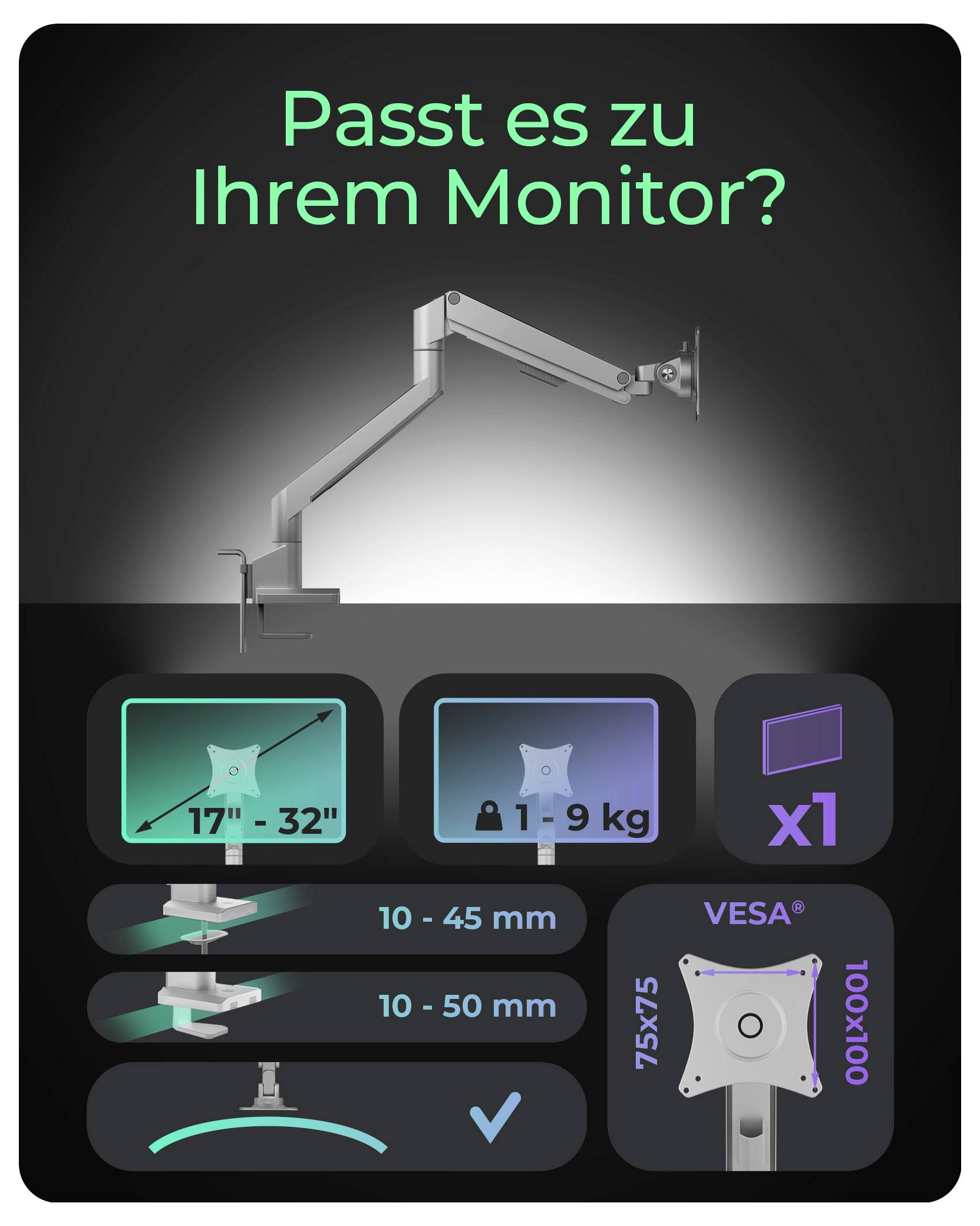 Kompatibilitätsanzeige für Monitorarm: Passt für 17