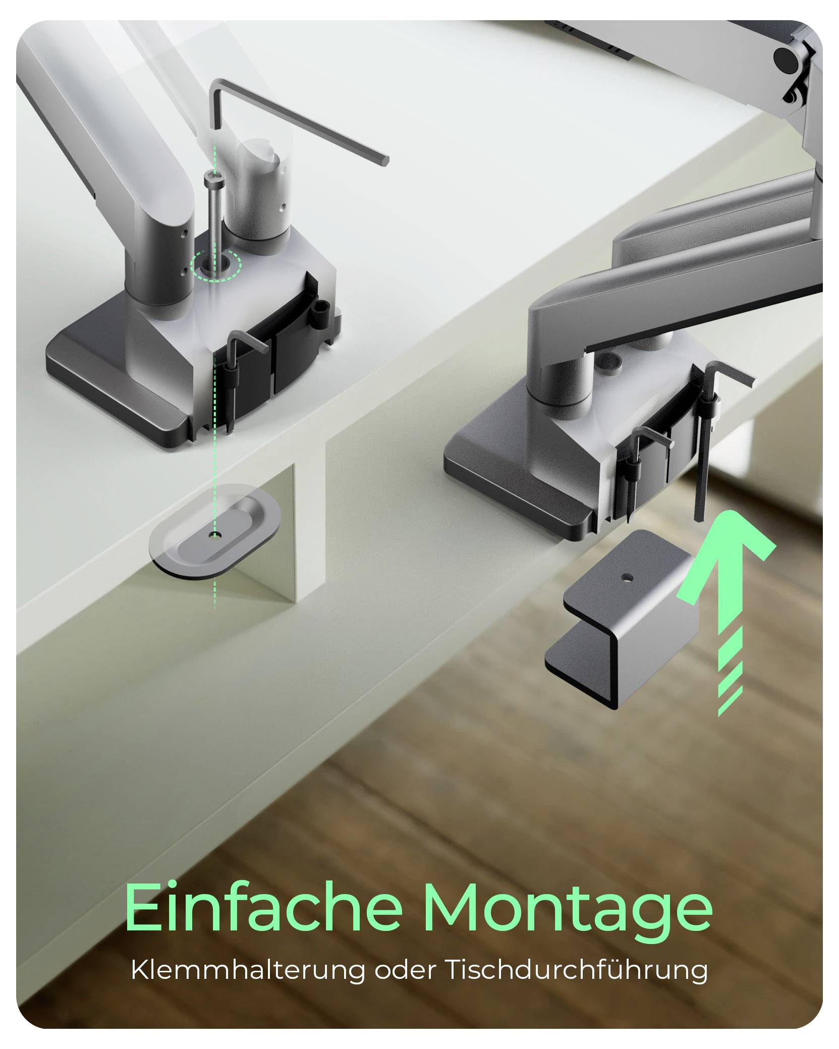 Nahaufnahme eines Monitorarms, der an einem Schreibtisch befestigt wird und zwei Installationsmethoden zeigt: Klemmmontage und Durchdringungsmontage. Deutscher Text liest sich: „Einfache Montage