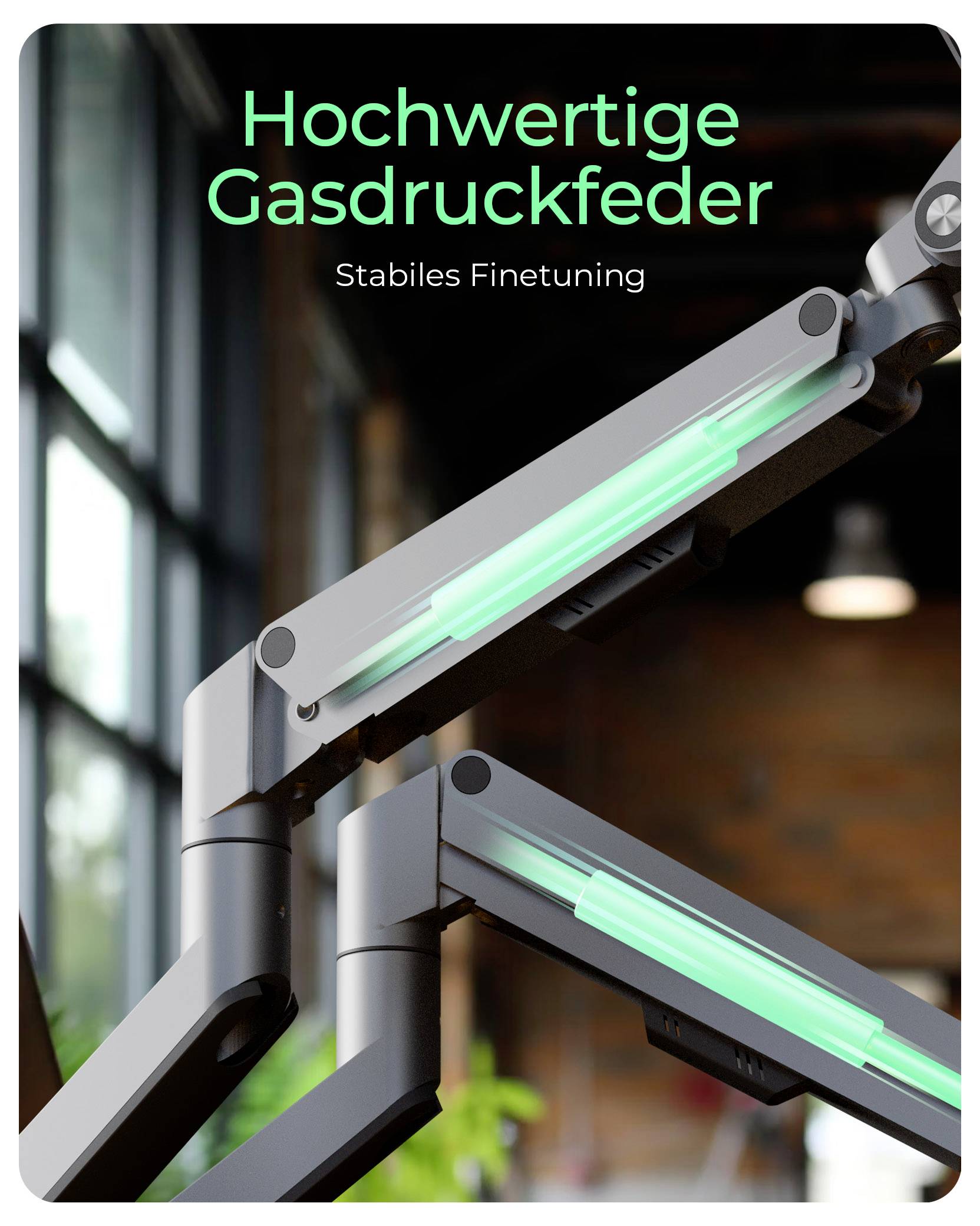 Nahaufnahme von zwei verstellbaren Gasdruckfedern mit leuchtend grünen Elementen in einem industriellen Umfeld. Text lautet: Hochwertige Gasdruckfeder - Stabiles Finetuning.