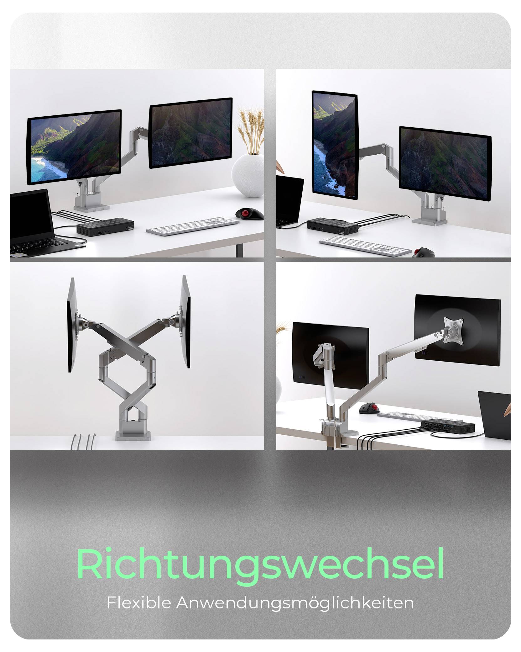 Dual-Monitor-Setup mit flexiblen Armen, die in verschiedenen Positionen auf Schreibtischen gezeigt werden. Text lautet: 