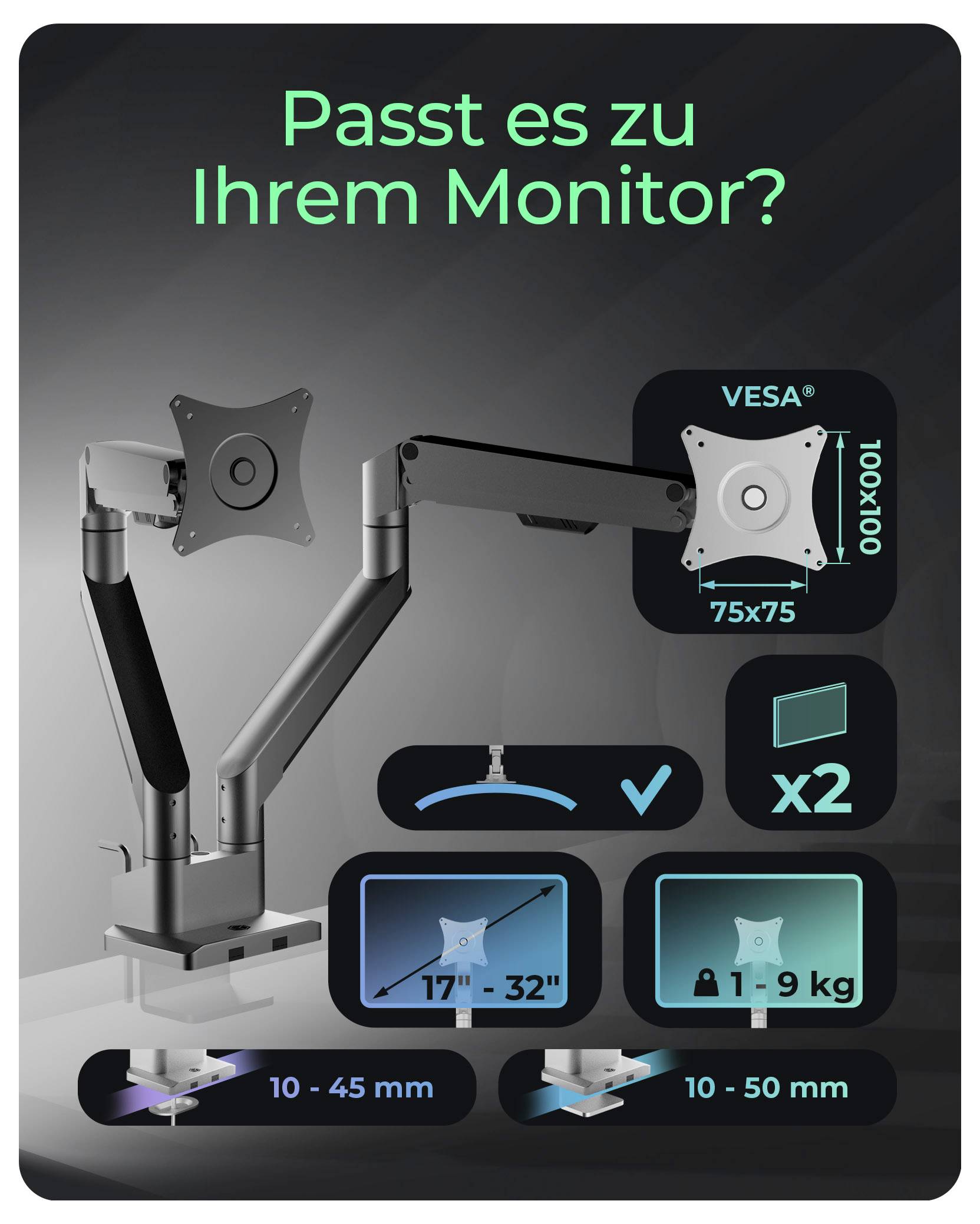 ICY BOX Monitorständer für zwei Monitore Monitor-Tischhalterung 81,3cm (32") Grau, Silber