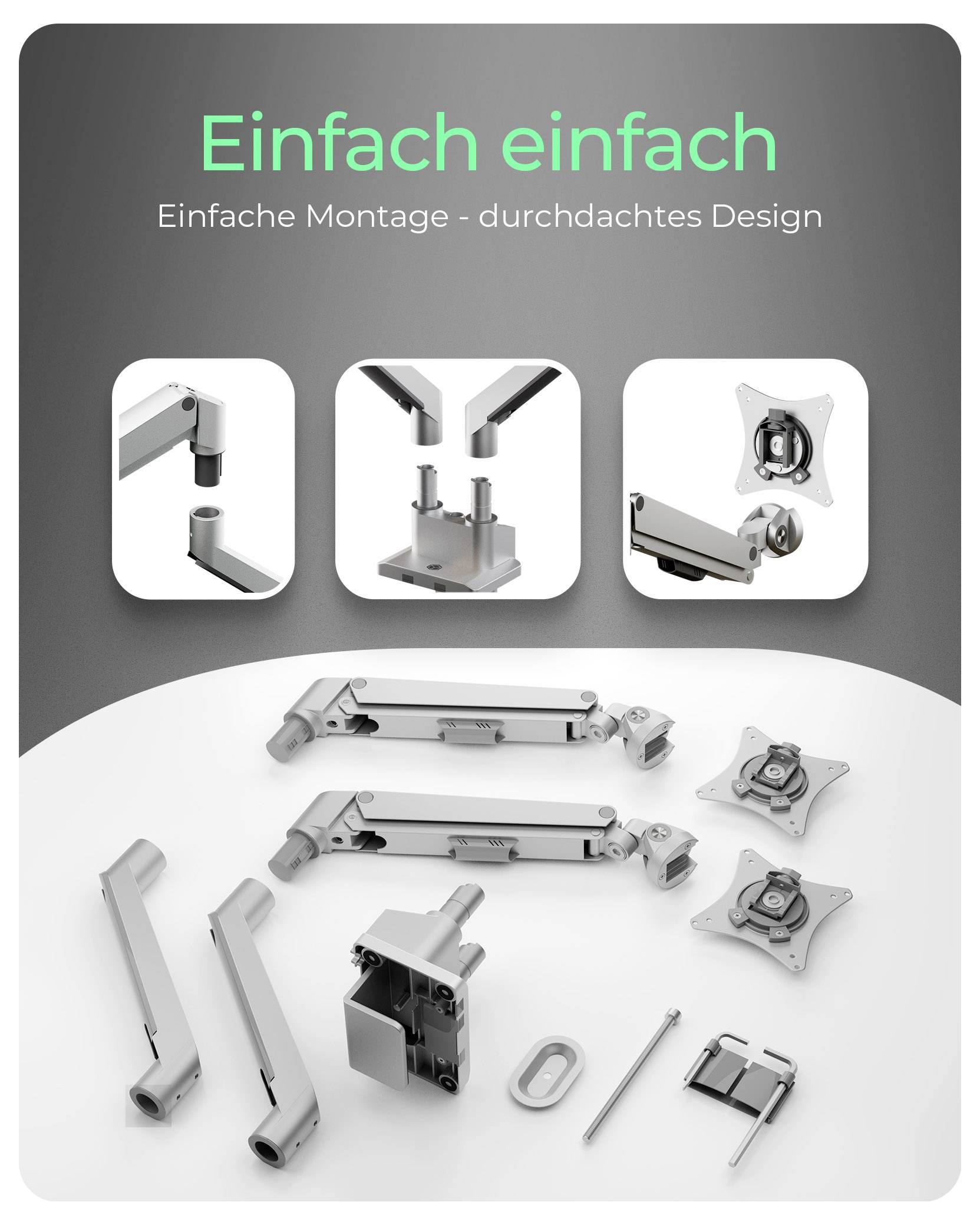 Verschiedene Metallkomponenten und Verbinder für die Montage, einschließlich Scharniere und Halterungen, sind dargestellt mit dem Text 'Einfach einfach', was eine einfache Installation signalisiert.