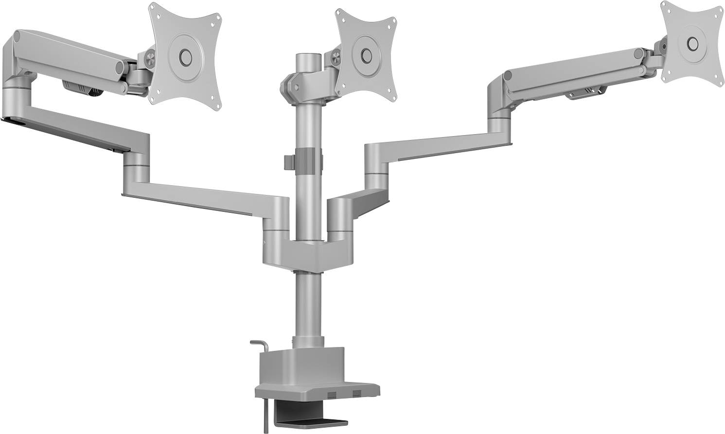 Ein Dreifach-Monitorarmhalter mit verstellbaren Armen ist zu sehen. Er befestigt sich an einem Schreibtisch und ist dafür ausgelegt, drei Bildschirme zu halten.