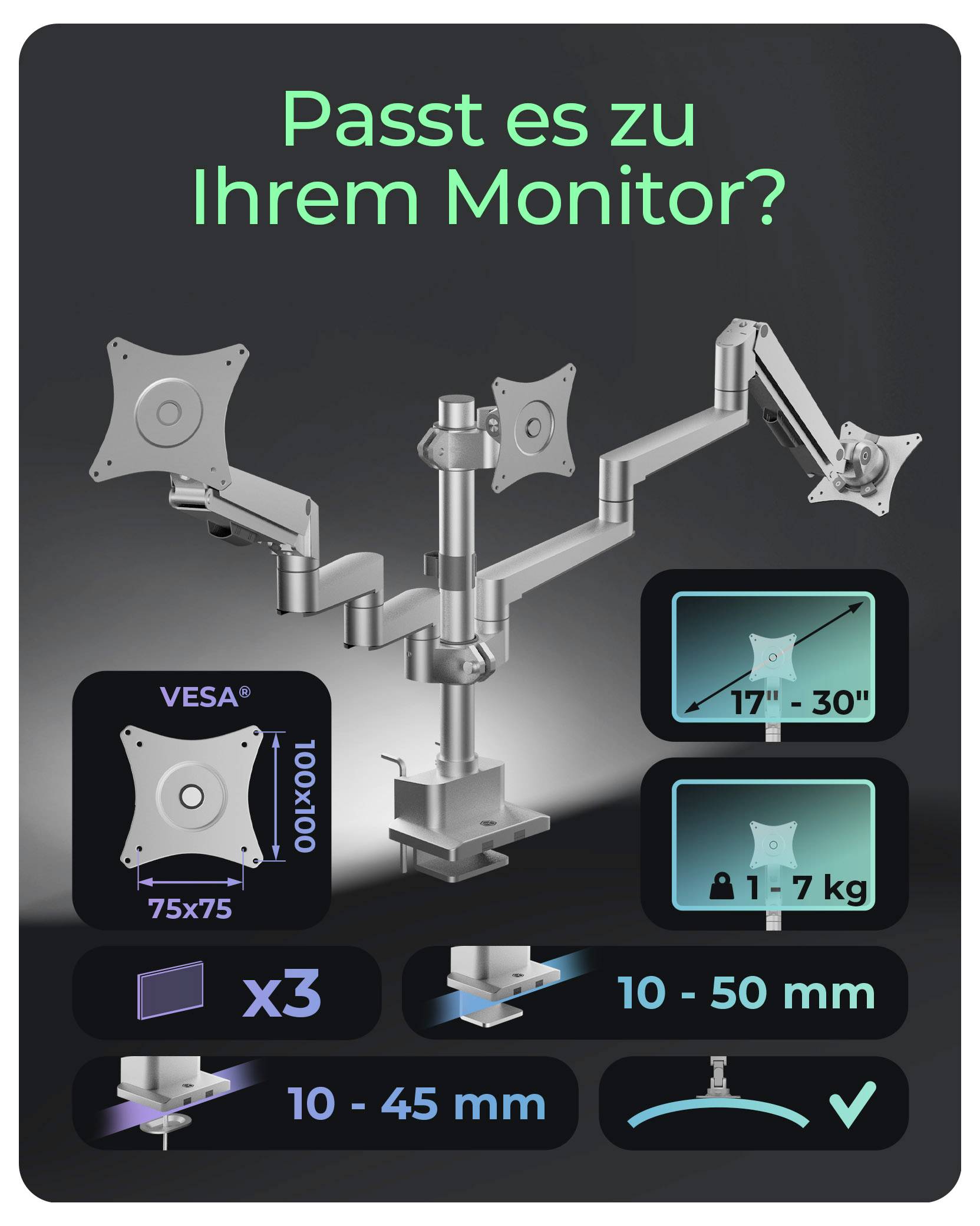 ICY BOX Monitorständer für drei Monitore Monitor-Tischhalterung 76,2 cm (30") Grau, Silber