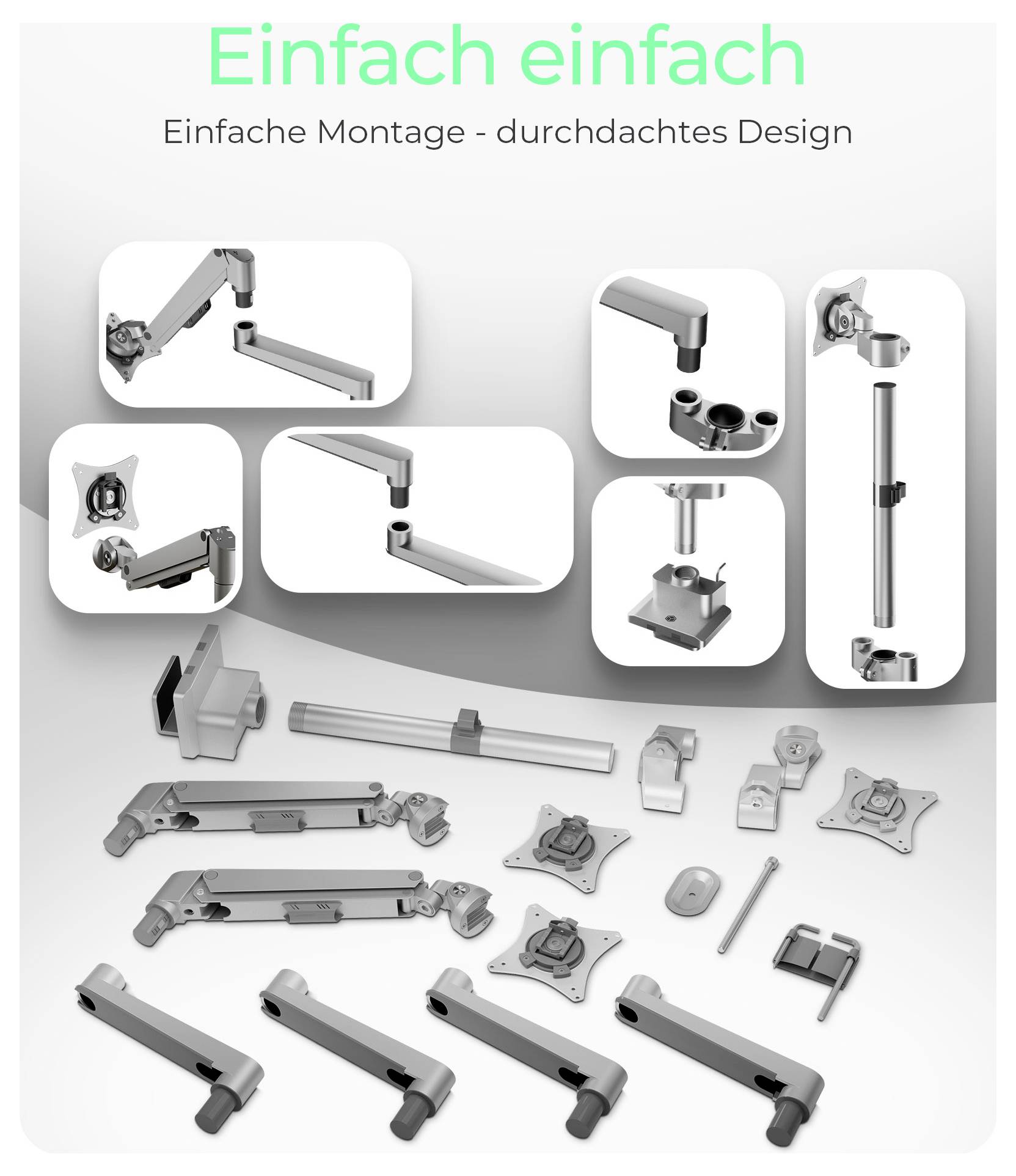 'Einfach einfach' in grüner Schrift oben; darunter 'Einfache Montage - durchdachtes Design' beschreibt verschiedene mechanische Komponenten und Montagsysteme, die in detaillierten Bildern gezeigt werden.