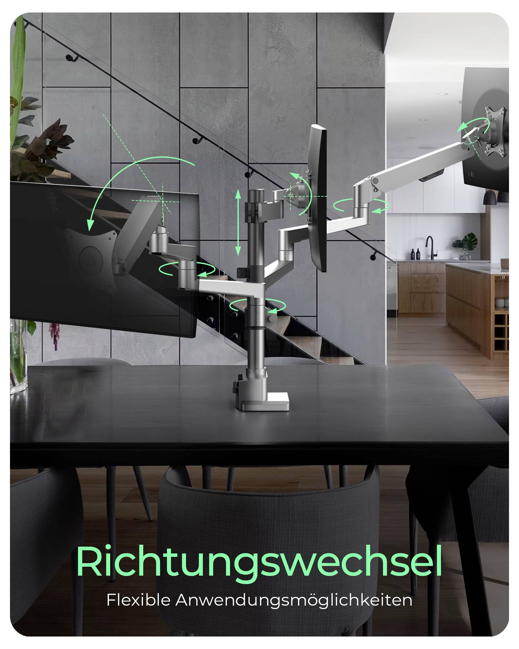Ein moderner, verstellbarer Monitorhalter auf einem Schreibtisch, der flexible Positionierung demonstriert. Text am unteren Rand liest sich: 'Richtungswechsel' und 'Flexible Anwendungsmöglichkeiten'.